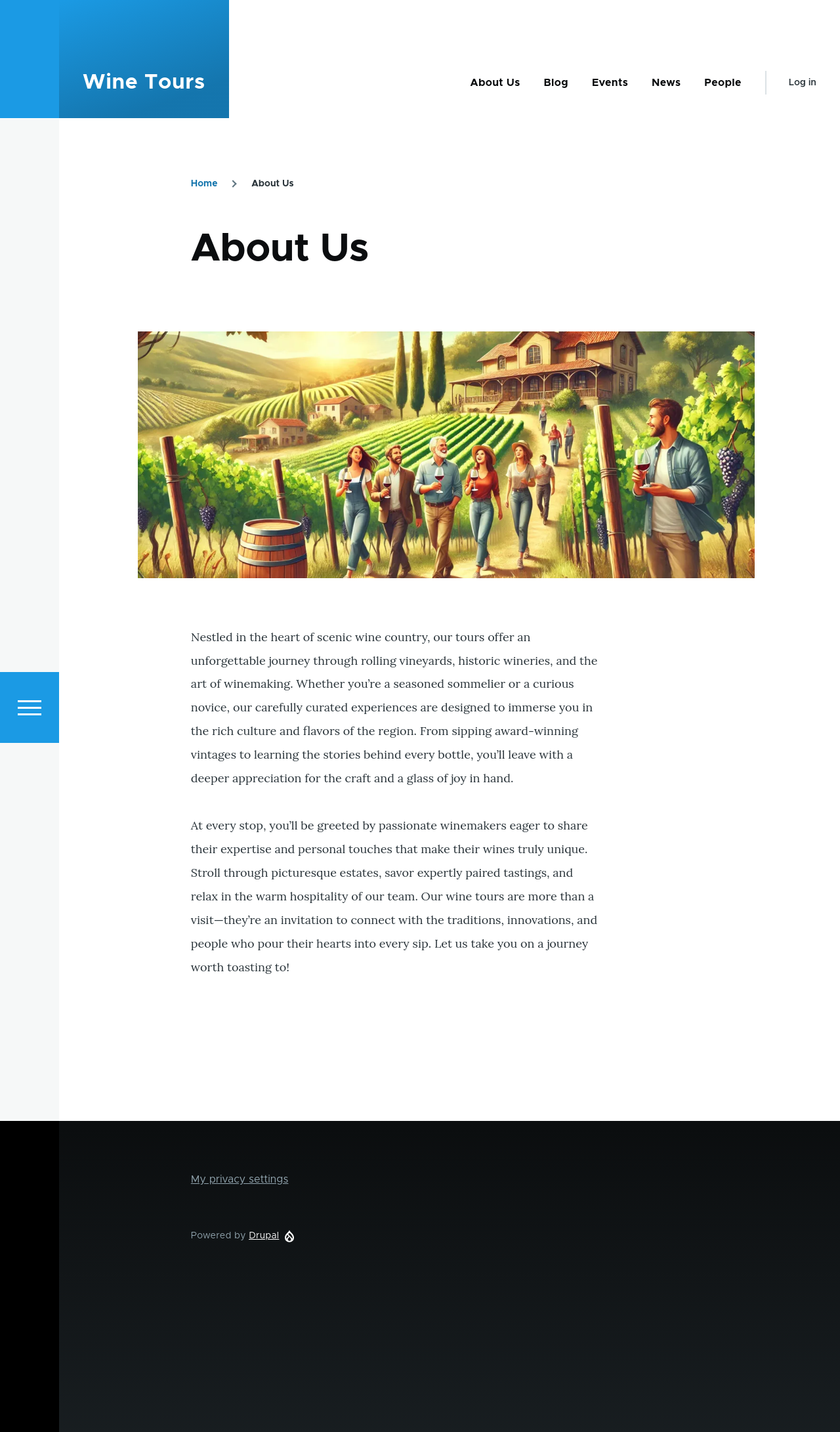 A webpage titled "About Us" under the "Wine Tours" brand. The page includes an illustration of a vineyard tour with people walking among grapevines and a description of the wine tours.