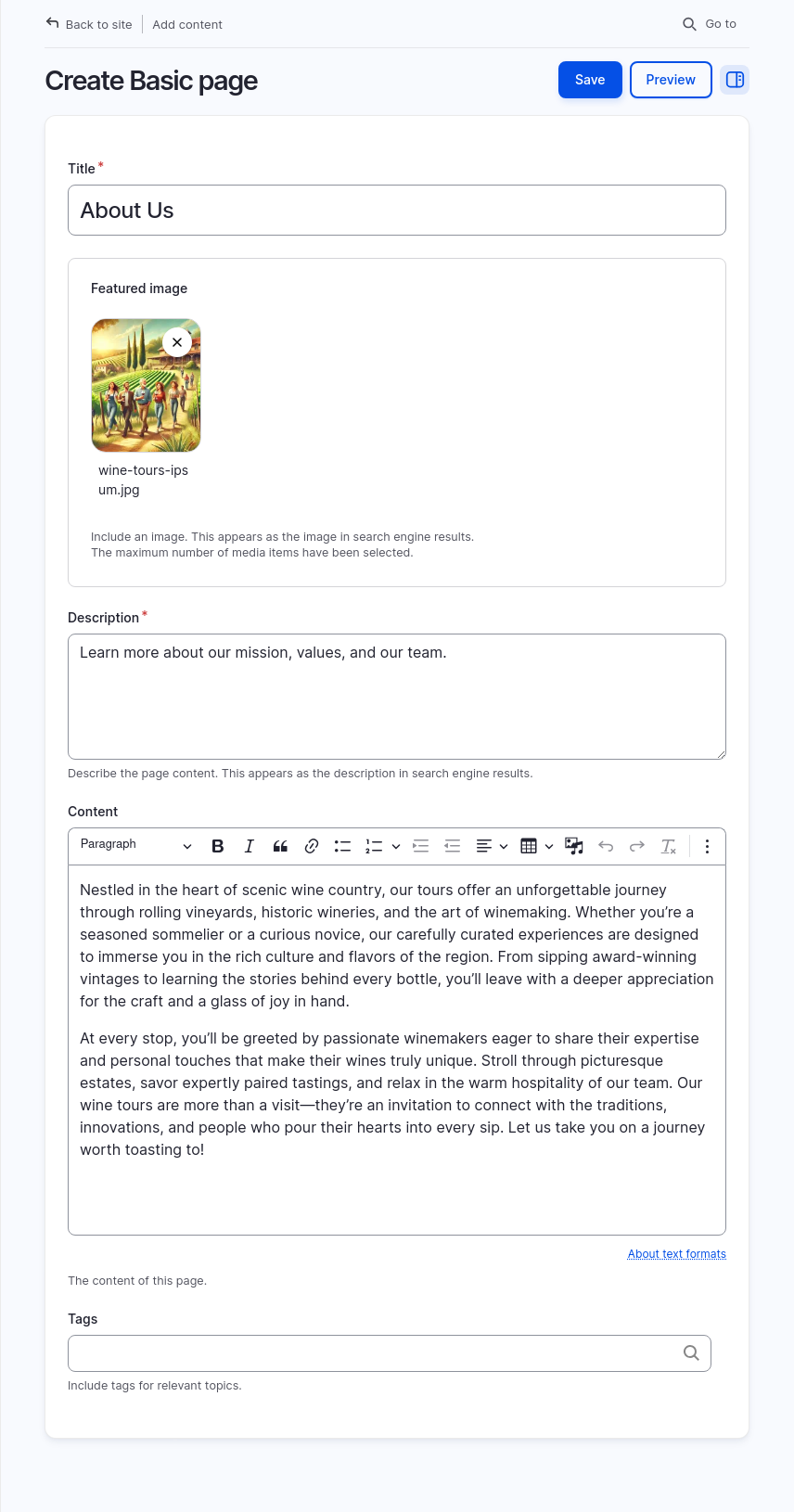 A form for creating a basic page titled "About Us." It includes fields for featured image (with a placeholder image), description, and content editor for body text