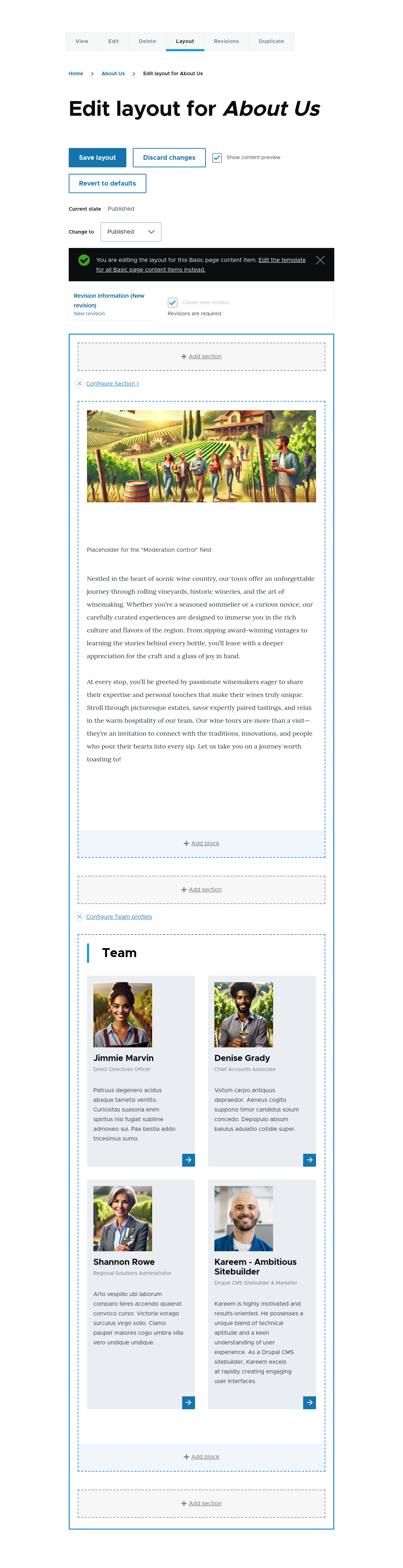 A Drupal layout editing interface for the "About Us" page. The page includes a "Save layout" button, options to discard changes or revert to defaults, and a notice that the layout is being edited. The main content area features the content of the page laid out into blocks and sections. Options to add blocks and sections are visible.