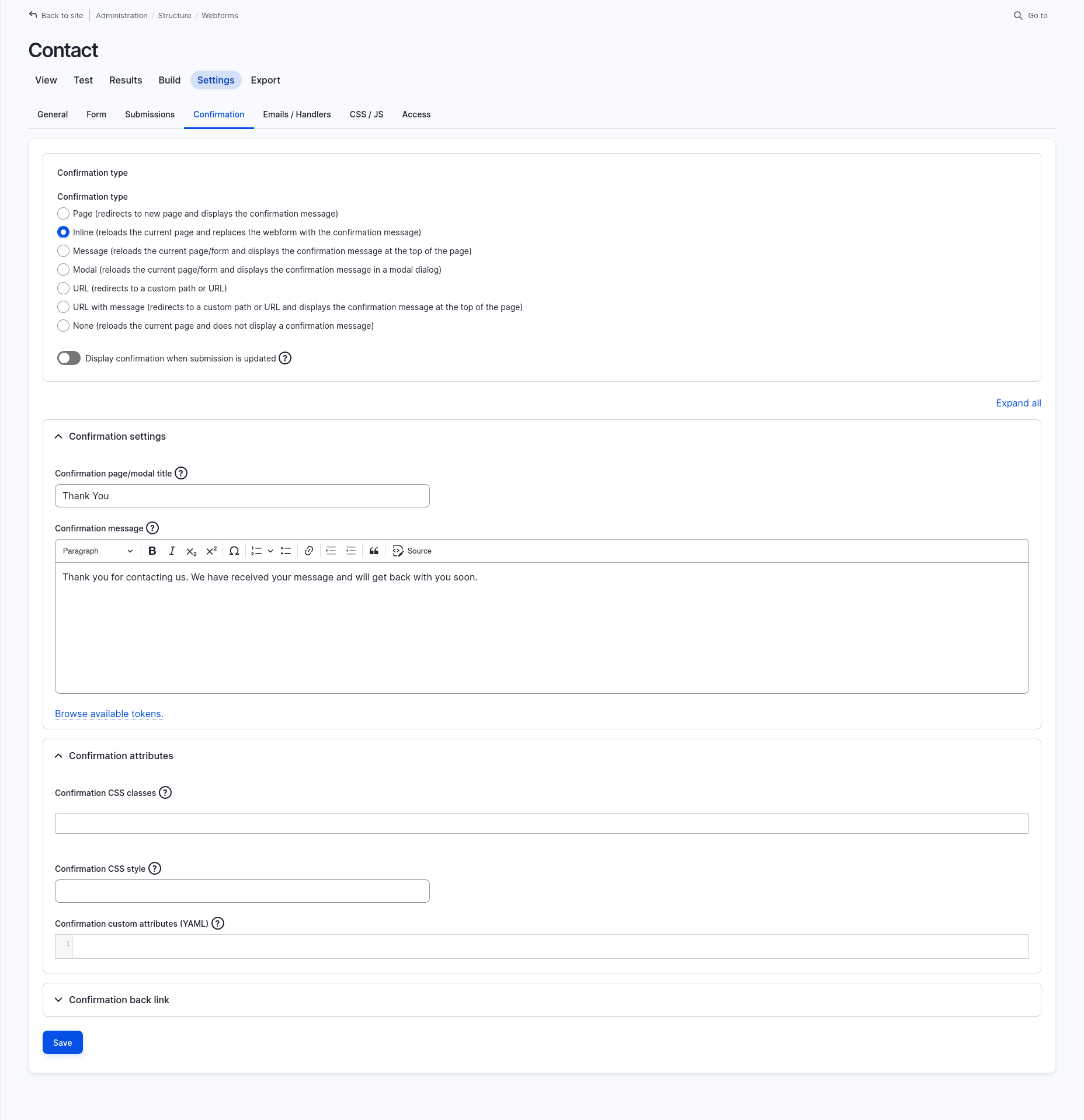 Confirmation settings page for the contact form, showing options for how the confirmation message is displayed and editable confirmation text.