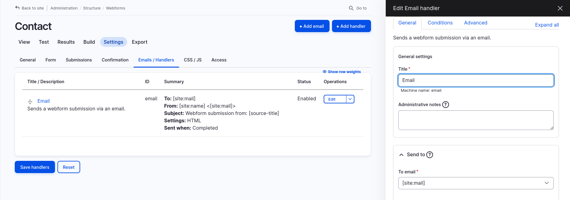 Admin settings screen showing the contact form's email handler configuration. It includes a summary of email settings such as from address, to address, subject, and trigger condition. As well as a form for editing the various options.