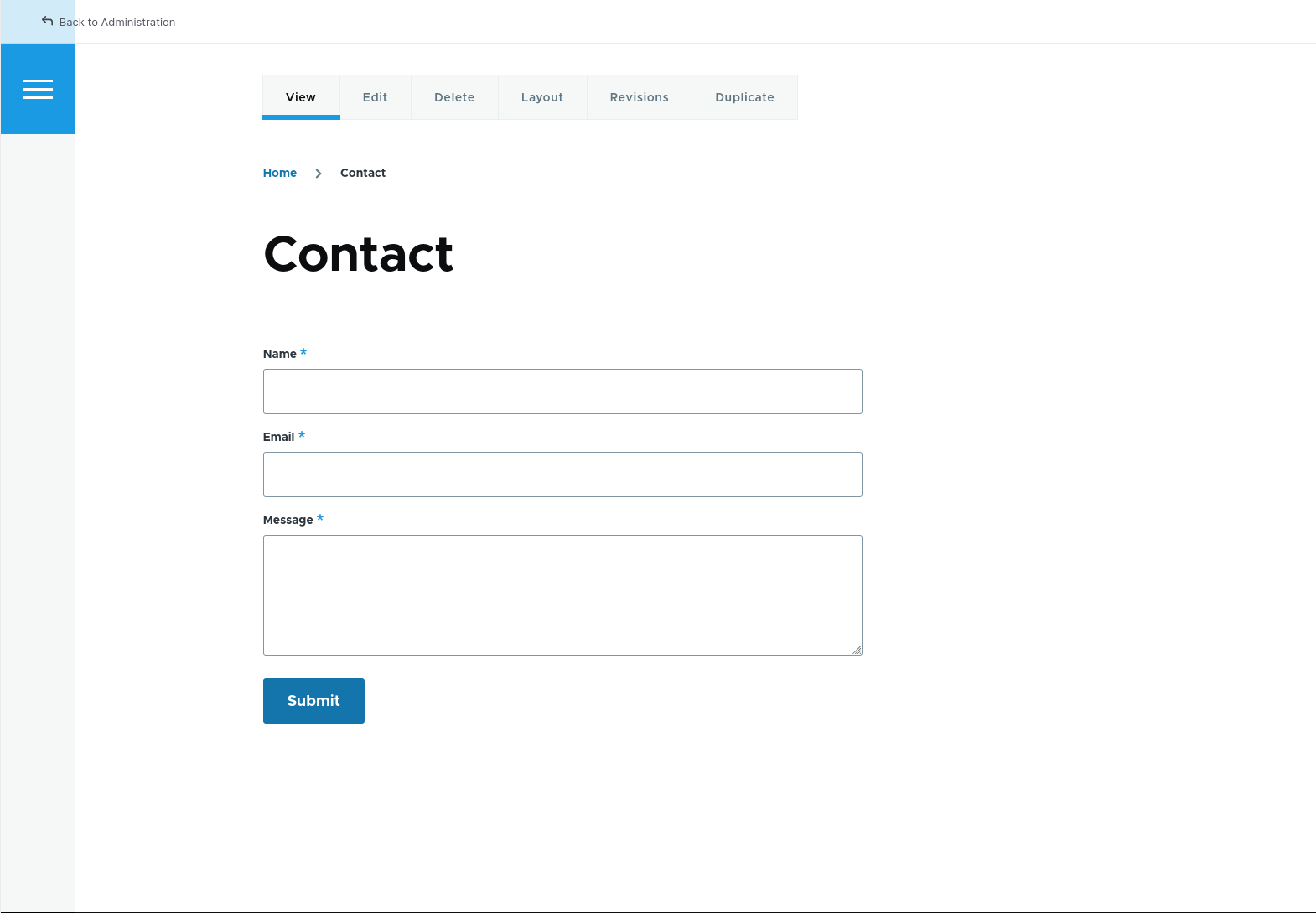 Public facing view of the contact form showing fields for name, email, and message with a submit button.