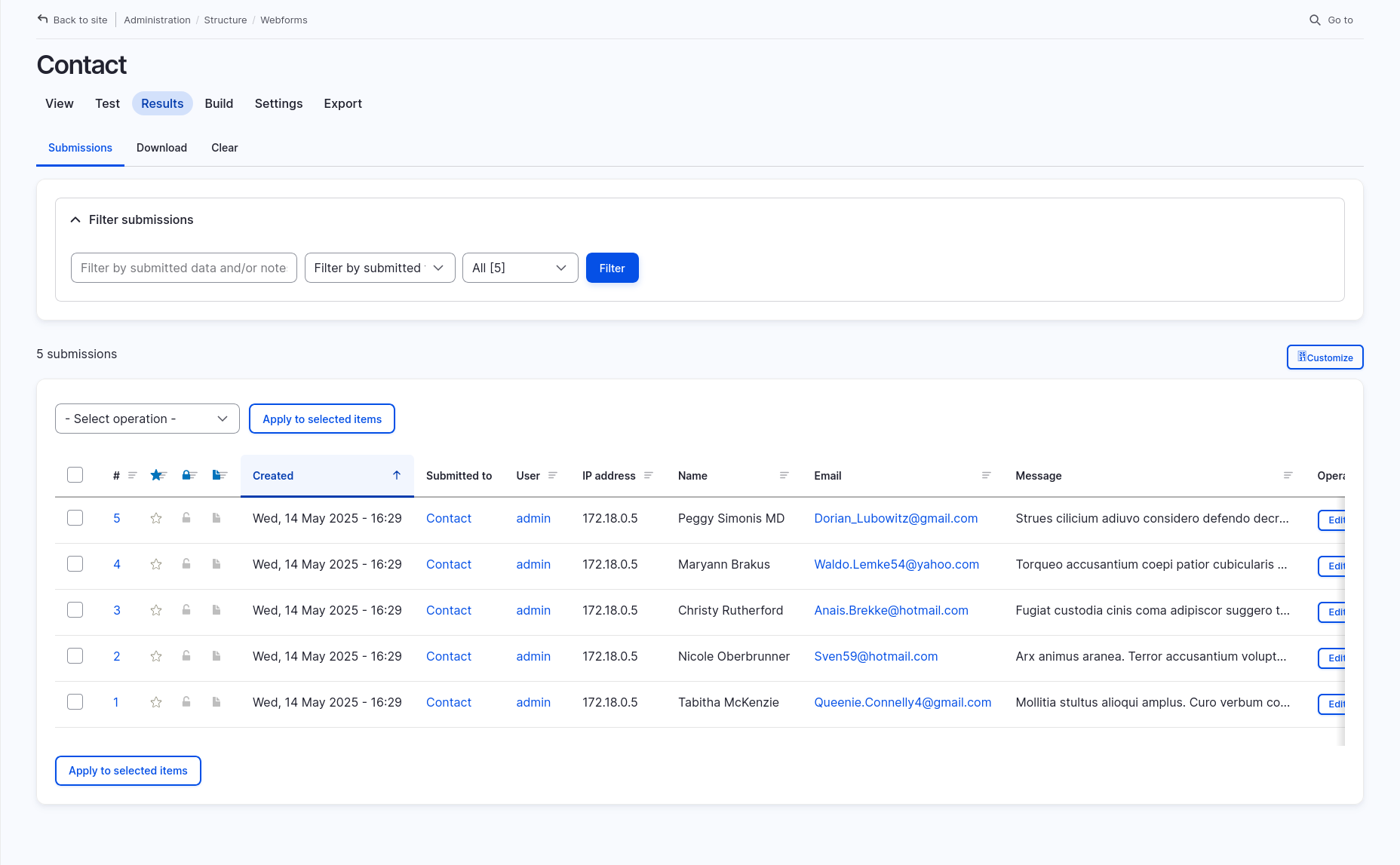 Admin interface showing a list of previous contact form submissions, with columns for creation time, user, IP address, name, email, message preview, and operation buttons. Filters and bulk operations are available at the top.