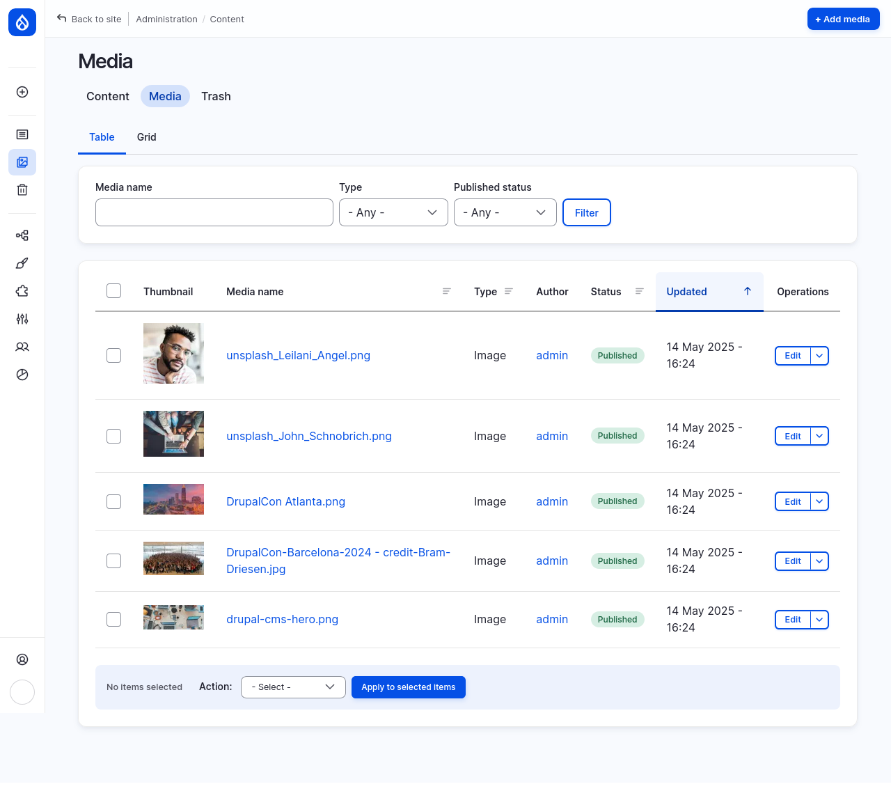 Drupal CMS content admin "Media" tab (table view) displaying uploaded images with thumbnails. Each row includes media name, type, author, publication status, last updated date, and edit options.