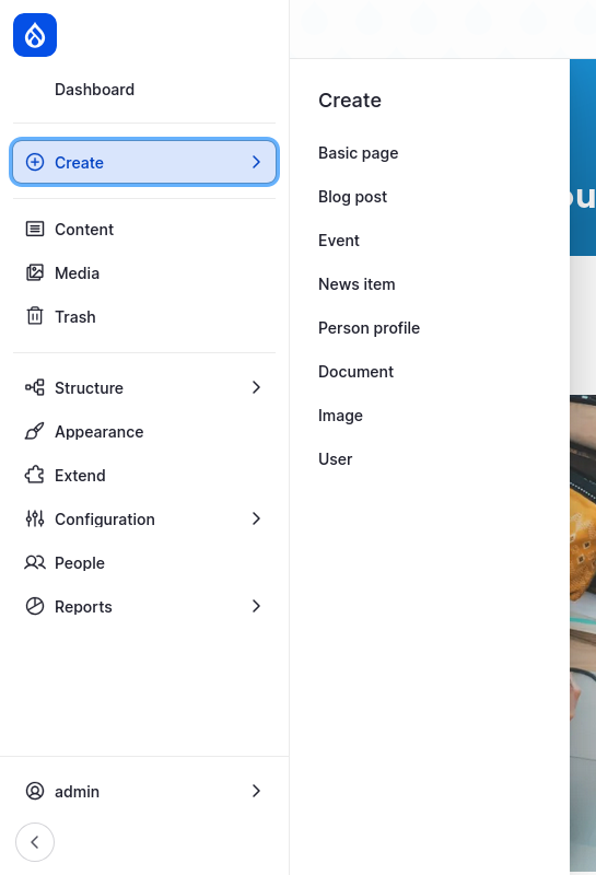 Drupal CMS admin toolbar with the "Create" button selected. A flyout menu appears with options to create different content types: Basic page, Blog post, Event, News item, Person profile, Document, Image, and more.