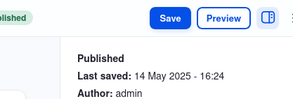 Top right corner of the content editing interface in Drupal CMS. Displaying the "Save" and "Preview" buttons, with the "Preview" button highlighted.