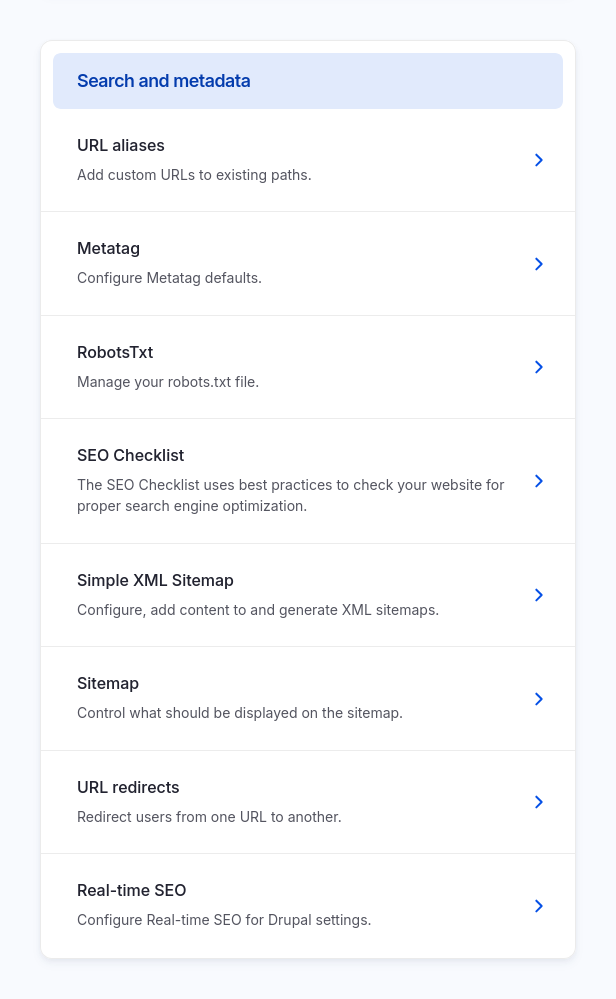 Portion of Drupal's configuration overview page showing a section listing SEO-related tools such as URL aliases, Metatag, RobotsTxt, SEO Checklist, and various sitemap options.
