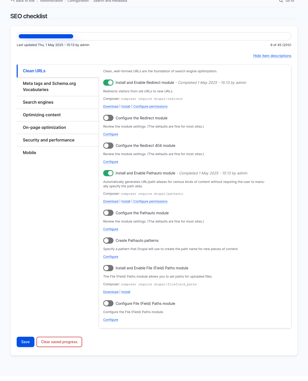 Drupal SEO checklist page showing a progress bar and multiple checklist items under Clean URLs, including toggle switches and links to install or configure modules.
