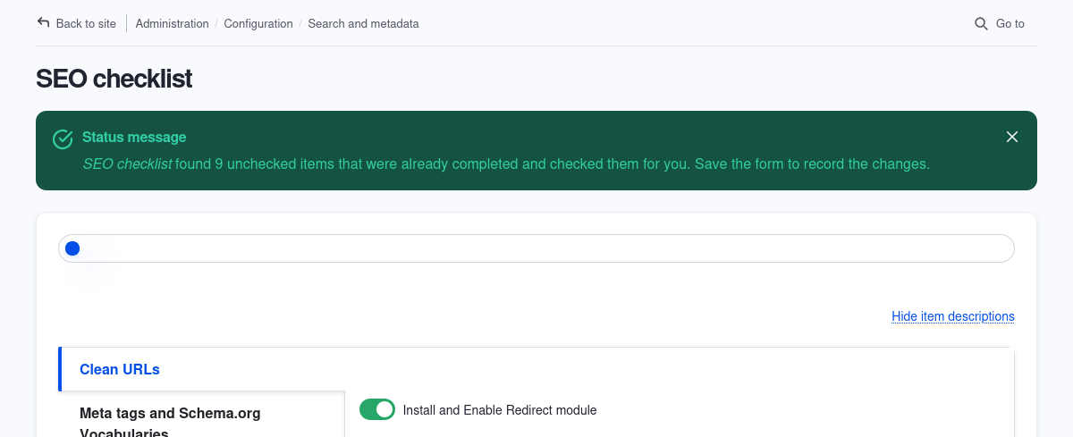 Drupal status message on the SEO checklist page showing a green success message indicating previously completed items have been checked.