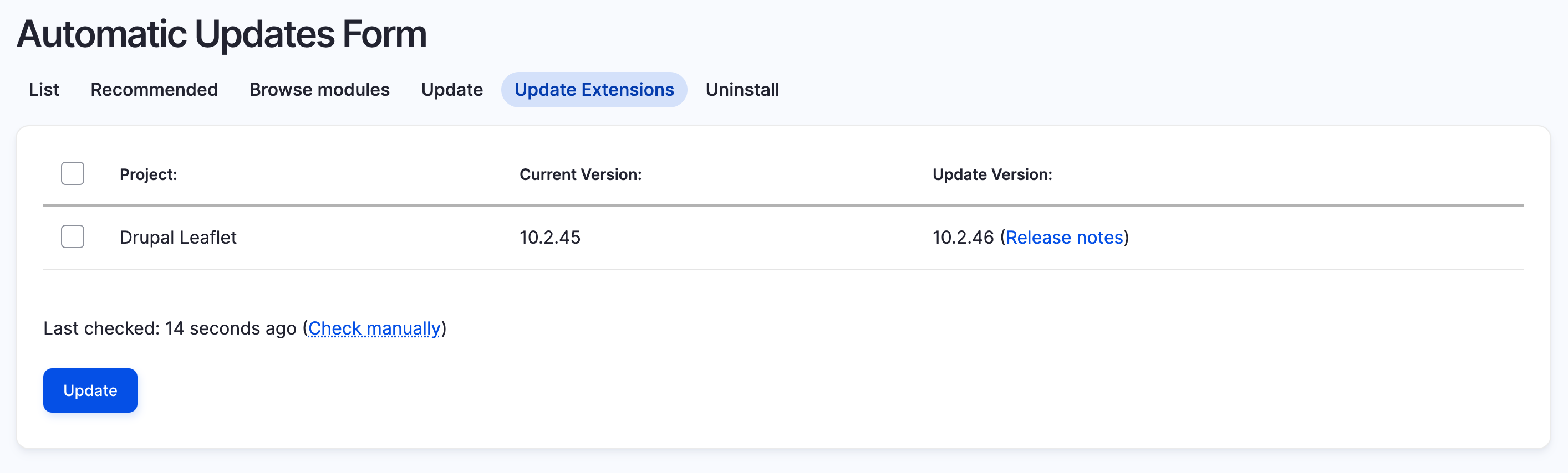 Drupal CMS interface showing the contributed module update form with Drupal Leaflet module selected for update from version 10.2.45 to 10.2.46, including a manual check option and blue Update button.