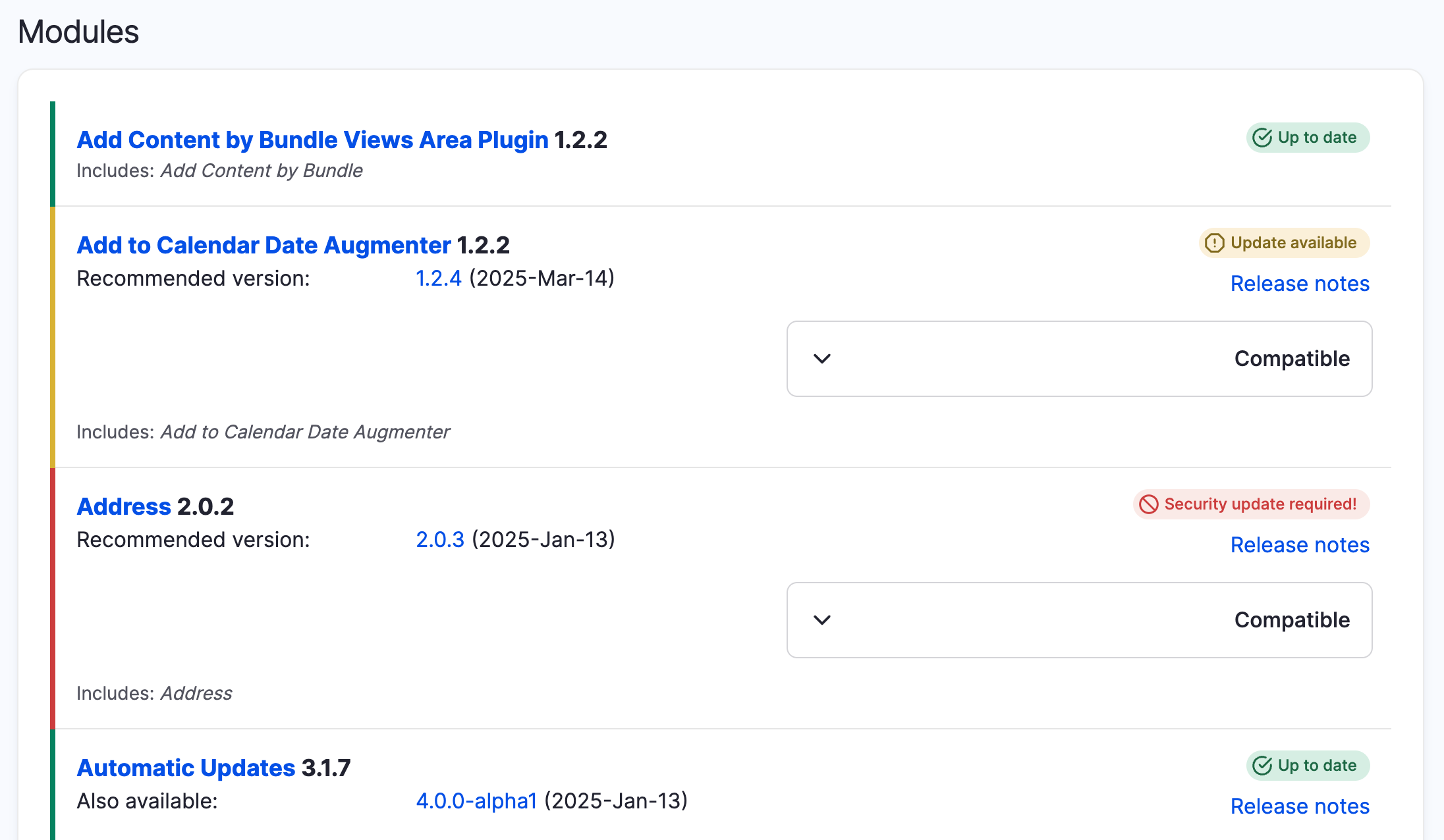 Drupal CMS updates report showing a list of Drupal modules with update status indicators: one marked Up to date, one with Update available, one with Security update required, and a module also showing a pre-release version.