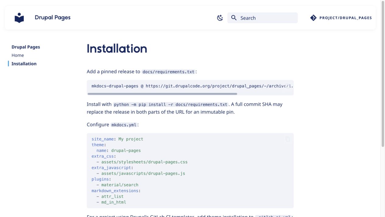 Drupal Pages installation guide with a project header, sidebar navigation, and styled code examples.
