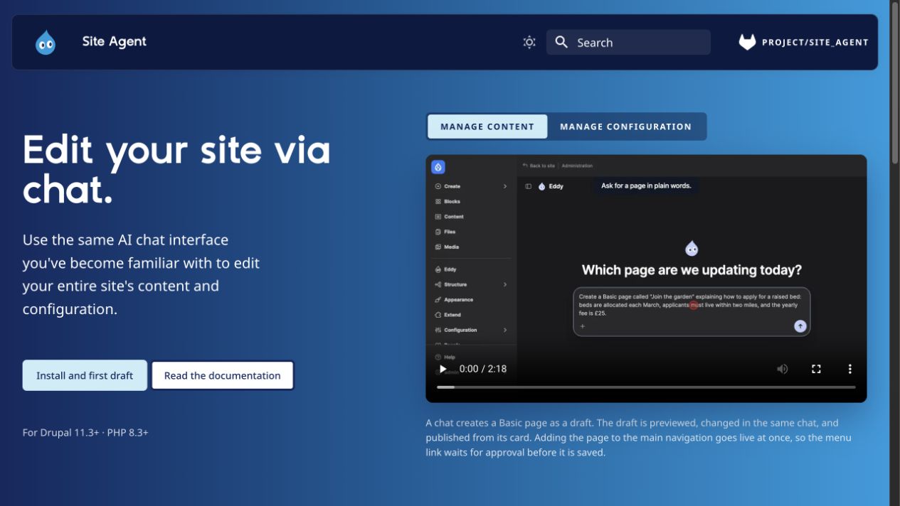 Site Agent home page in dark mode, with a navy header and dark video panel.