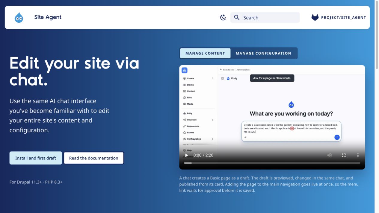 Site Agent home page in light mode, with a Drupal blue hero, project header, and video panel.