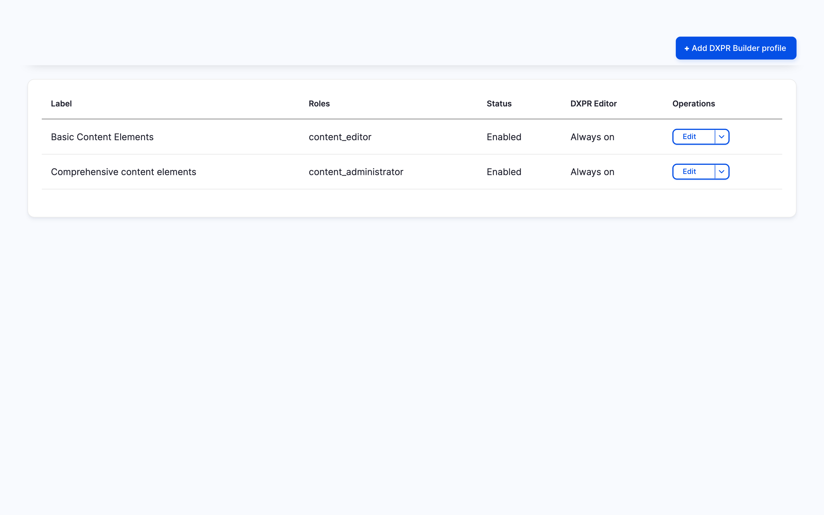 DXPR Builder User Profiles admin tab with profile list