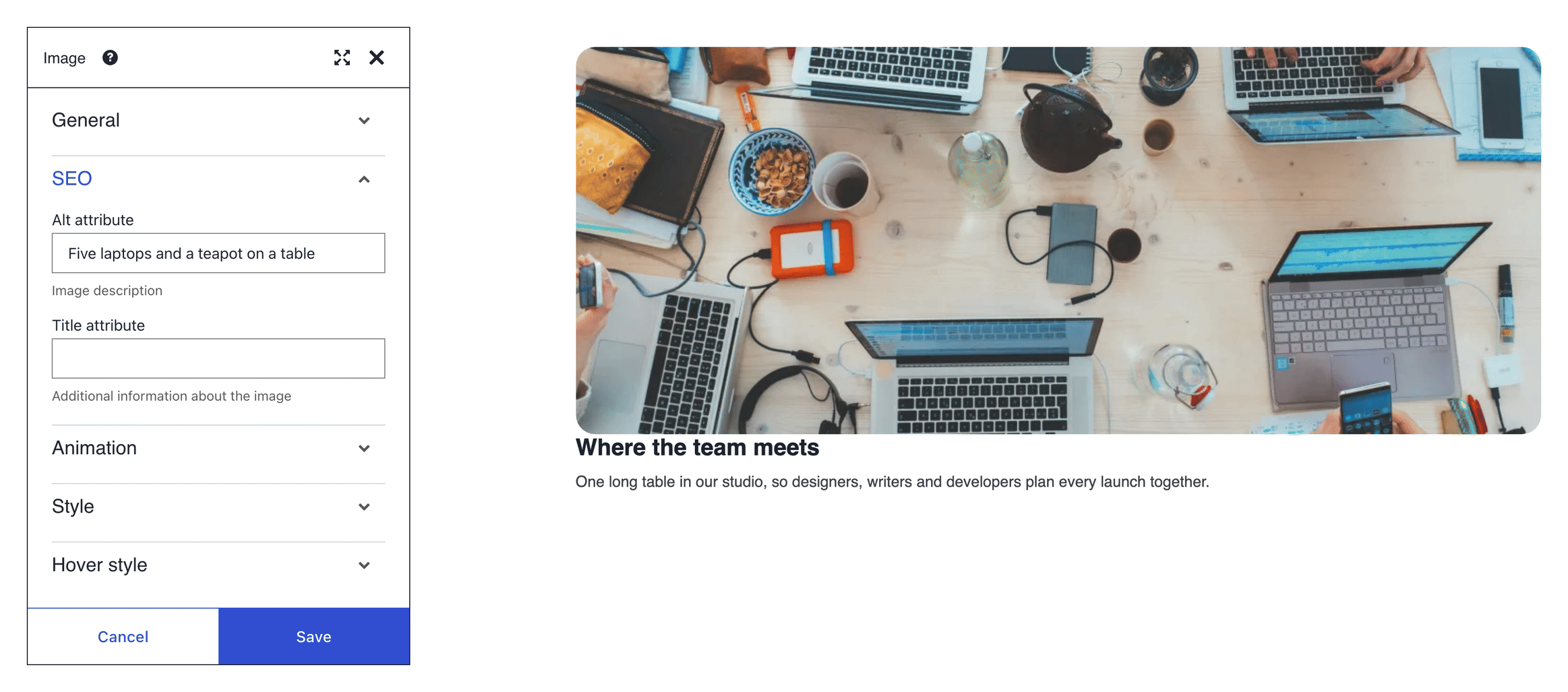 Image element SEO panel whose Alt attribute reads Five laptops and a teapot on a table, beside that desk photo
