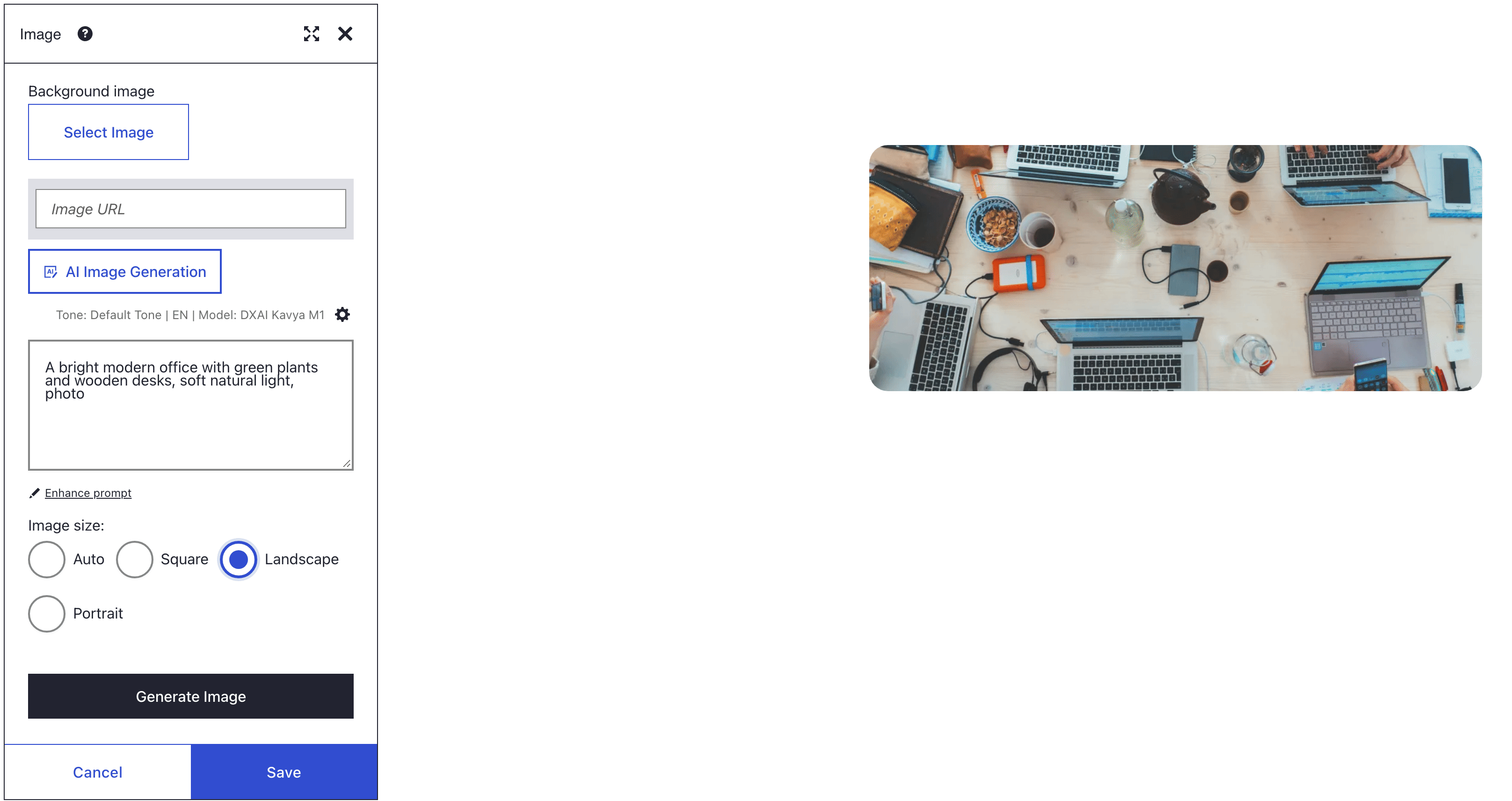 An Image element's Style panel with AI Image Generation open under Background image: a prompt for a bright office with green plants, Image size Landscape selected and the Generate Image button, beside the Image element whose background it would set