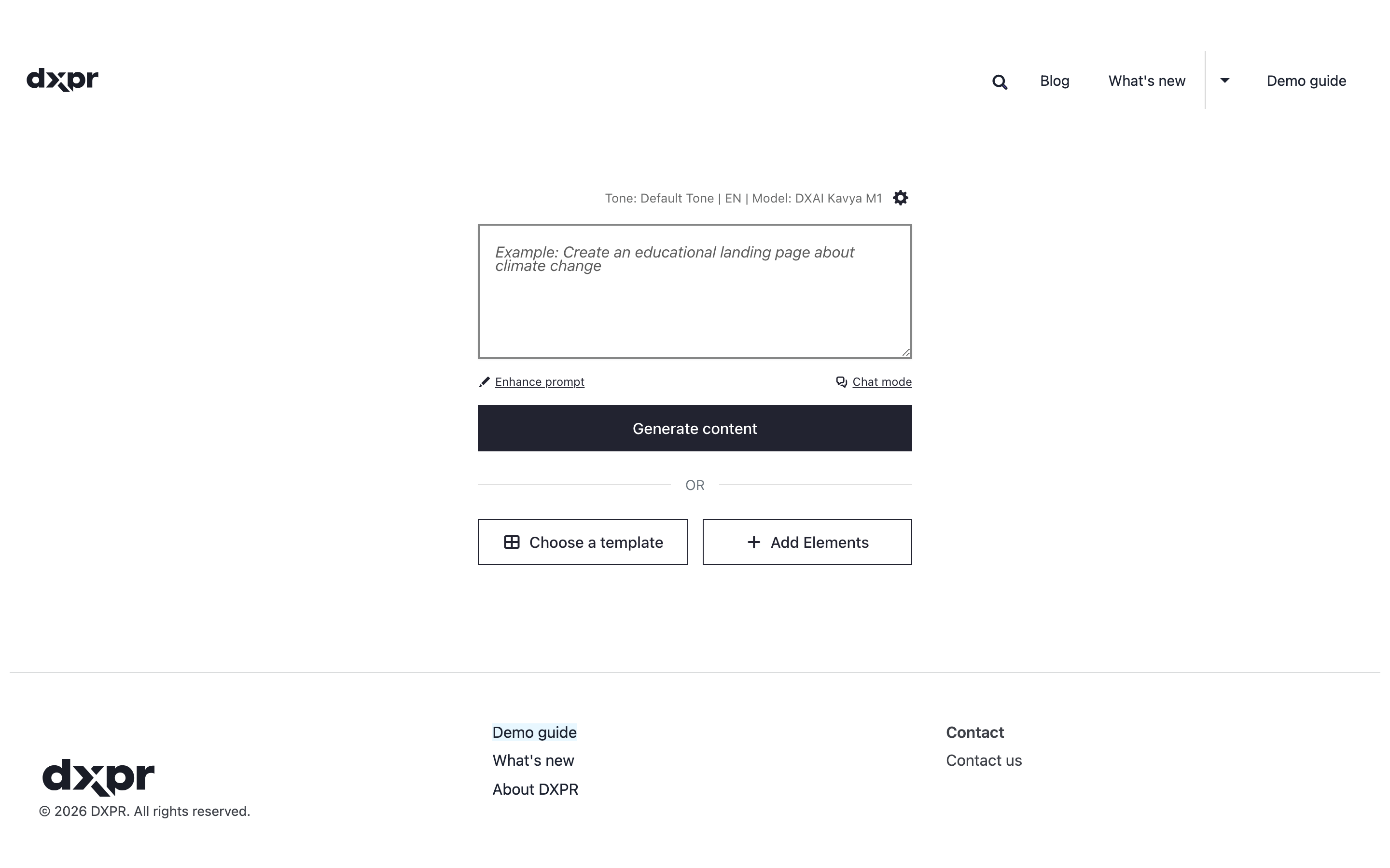 Empty page with the AI prompt box, Enhance prompt and Chat mode links, a Generate content button, and Choose a template and Add Elements below