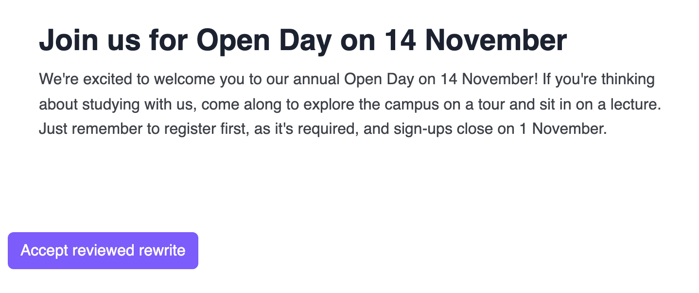 The Open Day notice rewritten in an approachable tone, with the purple Accept reviewed rewrite button below it on the left
