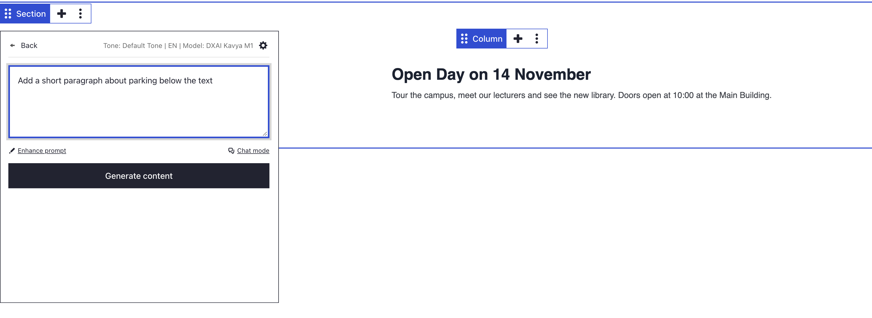 Edit with AI panel of a section with the request Add a short paragraph about parking below the text, beside the Open Day text it will change