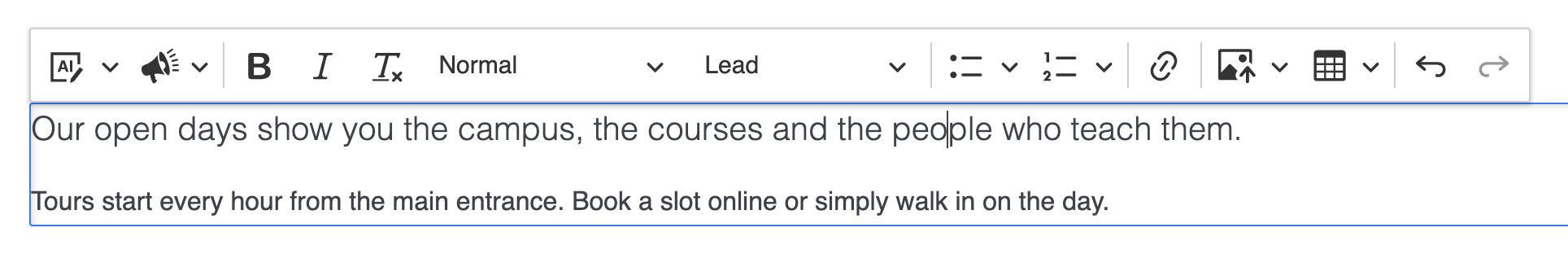 The text toolbar of a Text element whose Styles button reads Lead, above the paragraph with the caret in it, now set in the larger Lead style above a normal paragraph