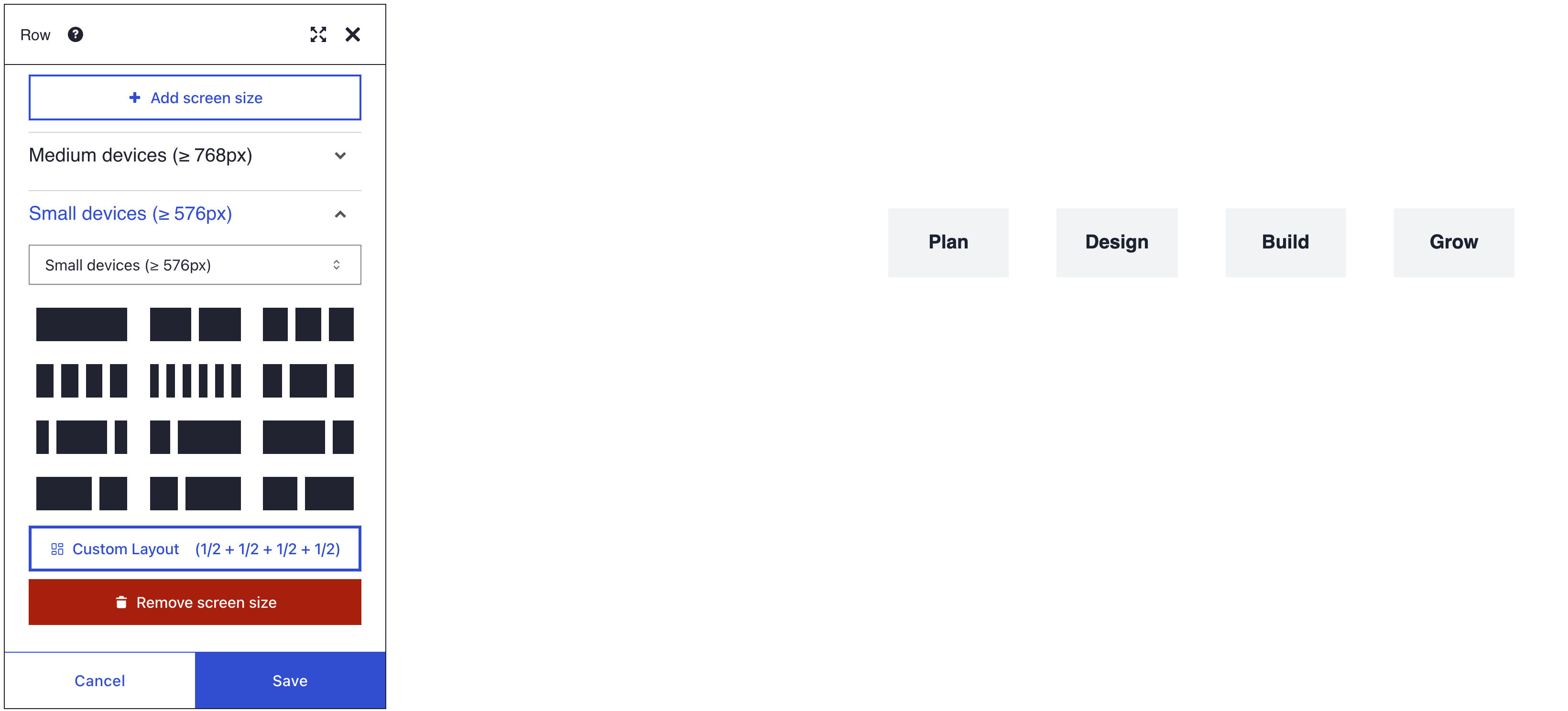 The Row layout dialog with Medium devices above and Small devices (576px and up) open, its Custom Layout (1/2 + 1/2 + 1/2 + 1/2) button marked, beside the four columns Plan, Design, Build and Grow