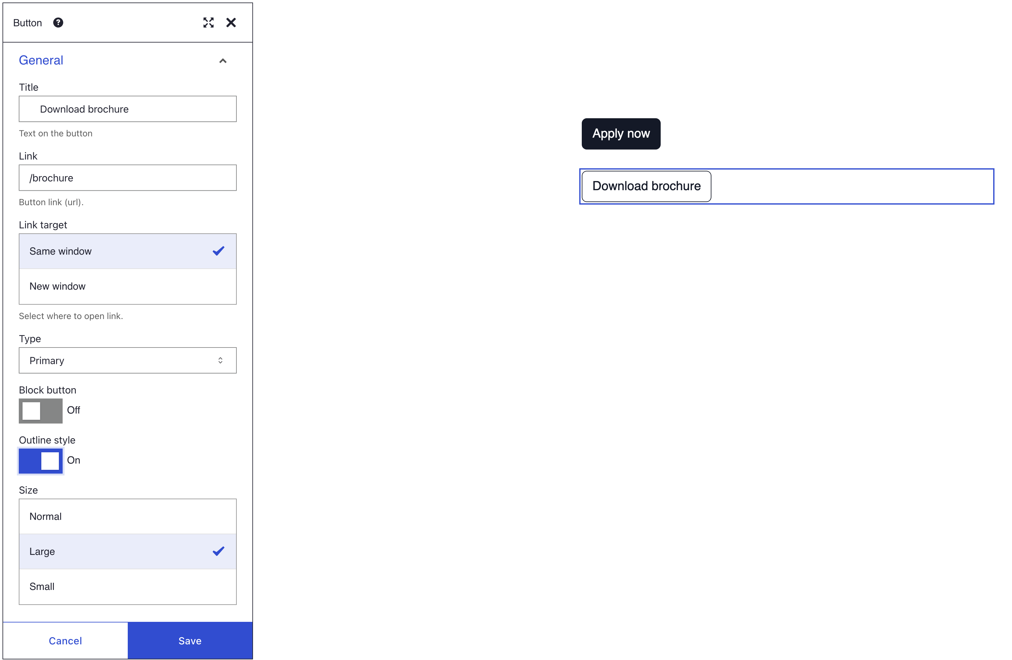 A Button's General panel with Outline style switched on, Type Primary and Size Large, beside a solid Apply now button and the outlined Download brochure button below it