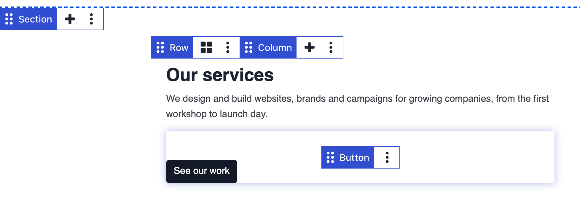 A hovered Button element with its control bar and dotted drag handle, below the Section, Row and Column bars, with no bar over the services text