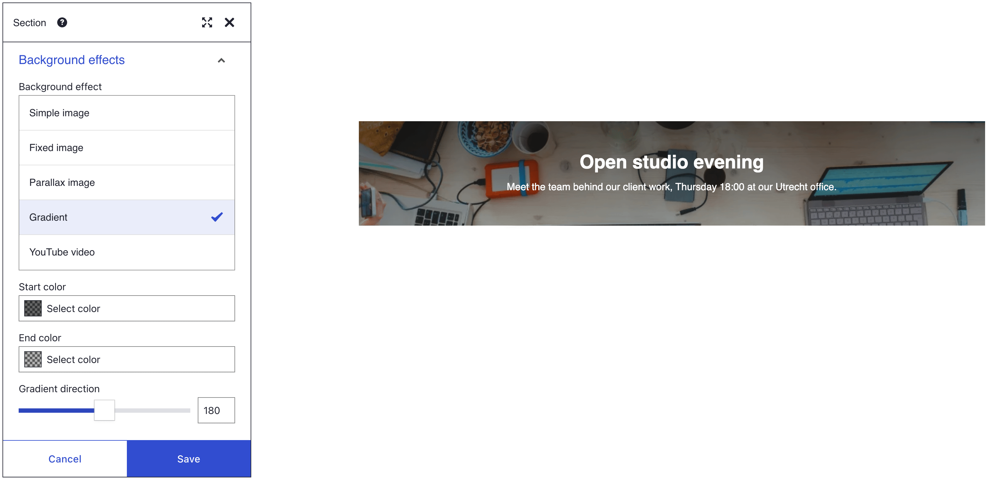 A Section's Background effects panel with Gradient selected, dark semi-transparent colour chips under Start color and End color and direction 180, beside a desk photo darkened under a white heading