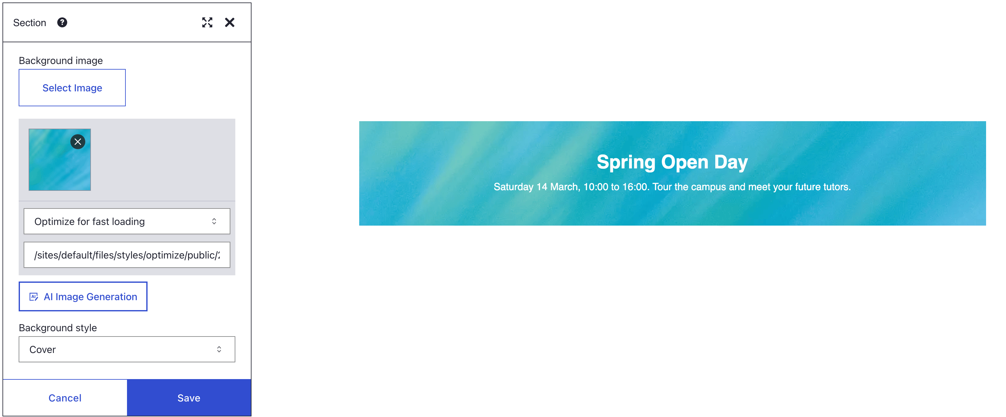 Section Style panel with a teal photo as Background image and Background style Cover, beside that Section with the photo behind a white Spring Open Day heading