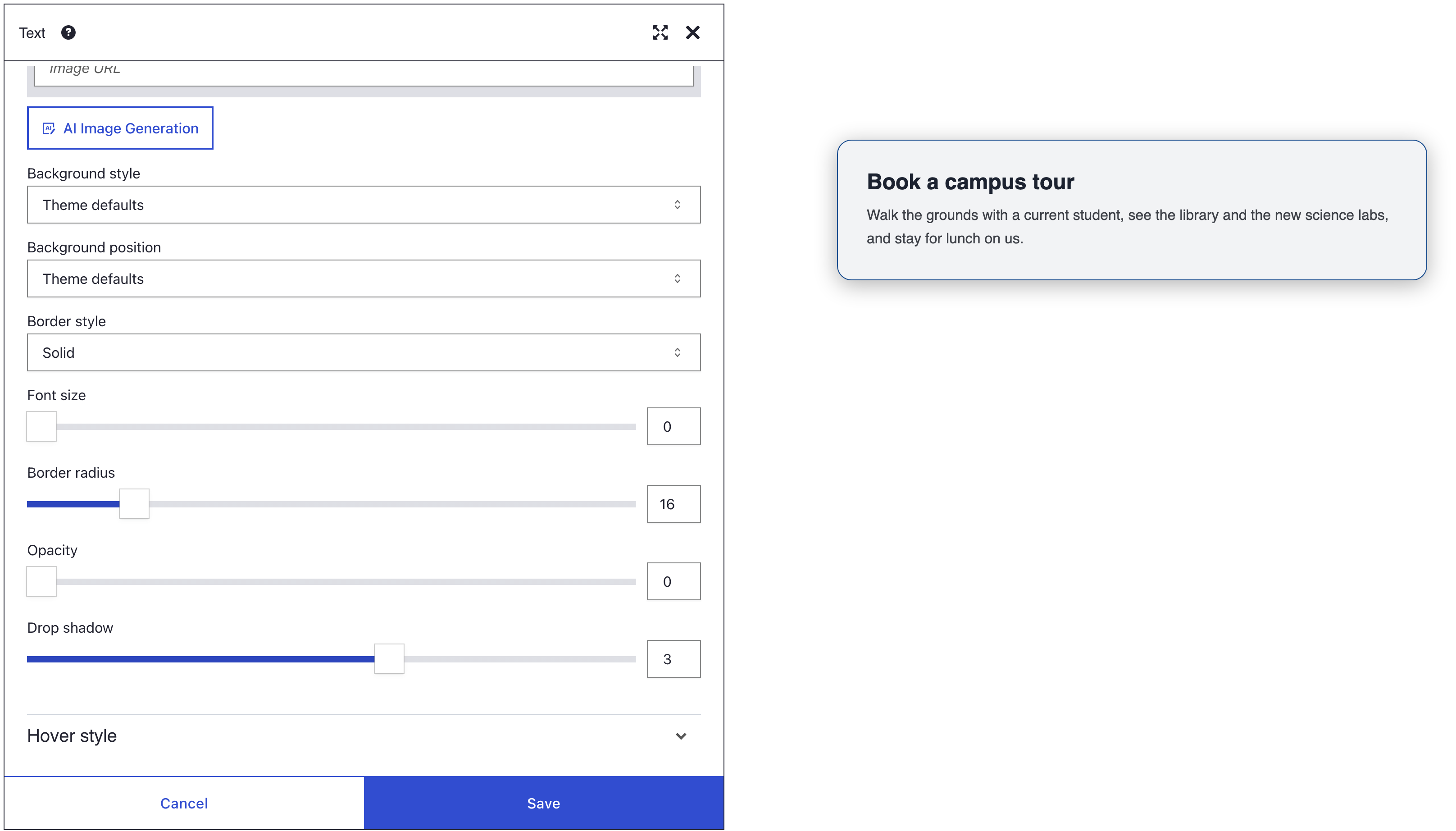 Text element Style panel with Border style Solid, Border radius 16 and Drop shadow 3, beside a grey campus tour card with a thin dark blue border, rounded corners and a soft shadow