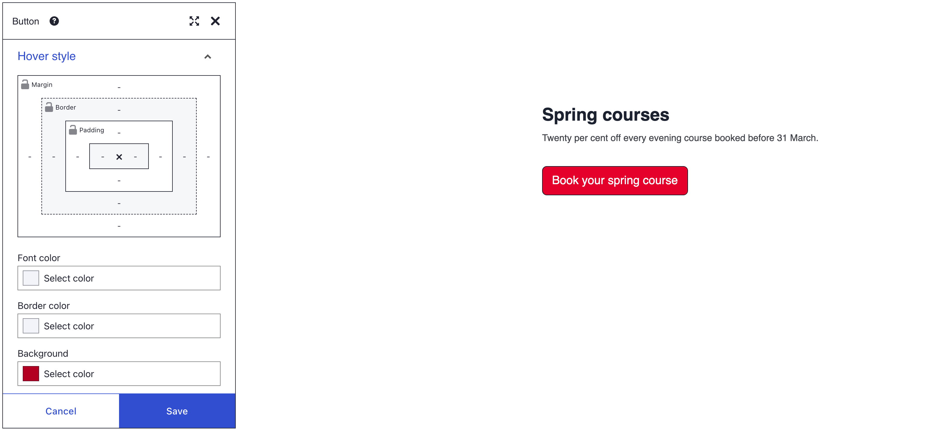 A Button's Hover style panel with a darker red Background chip, beside the Book your spring course button in campaign red #e4002b with white text
