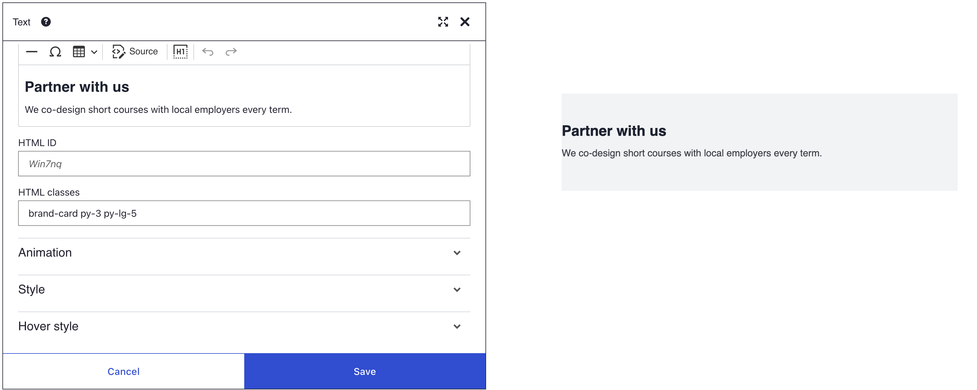 HTML classes in Edit as text mode, a plain field reading brand-card py-3 py-lg-5, beside the grey Partner with us box with the class padding above and below its text