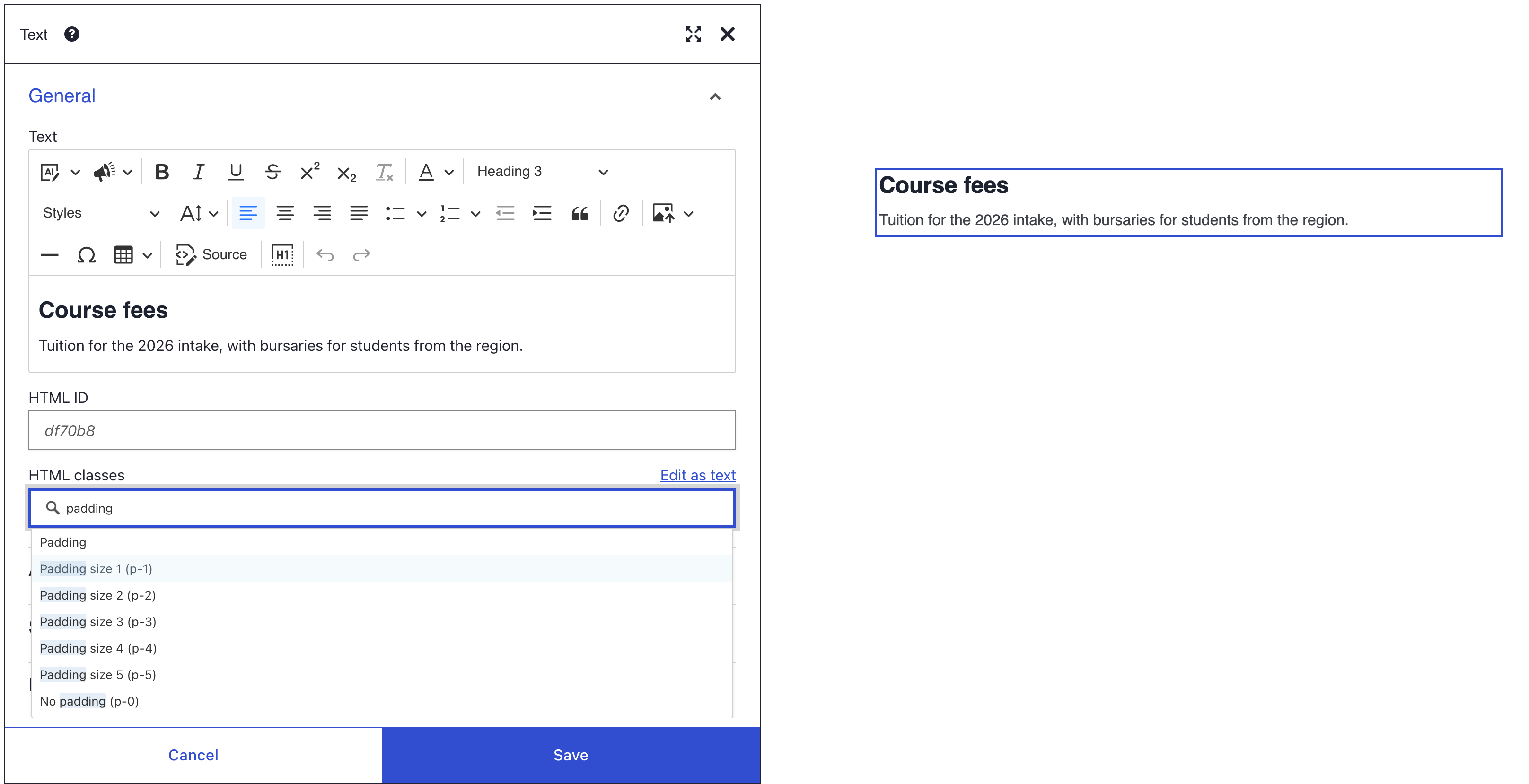 The HTML classes list filtered by the word padding, showing the Padding group with Padding size 1 to 5 and No padding, beside the Course fees text it will style