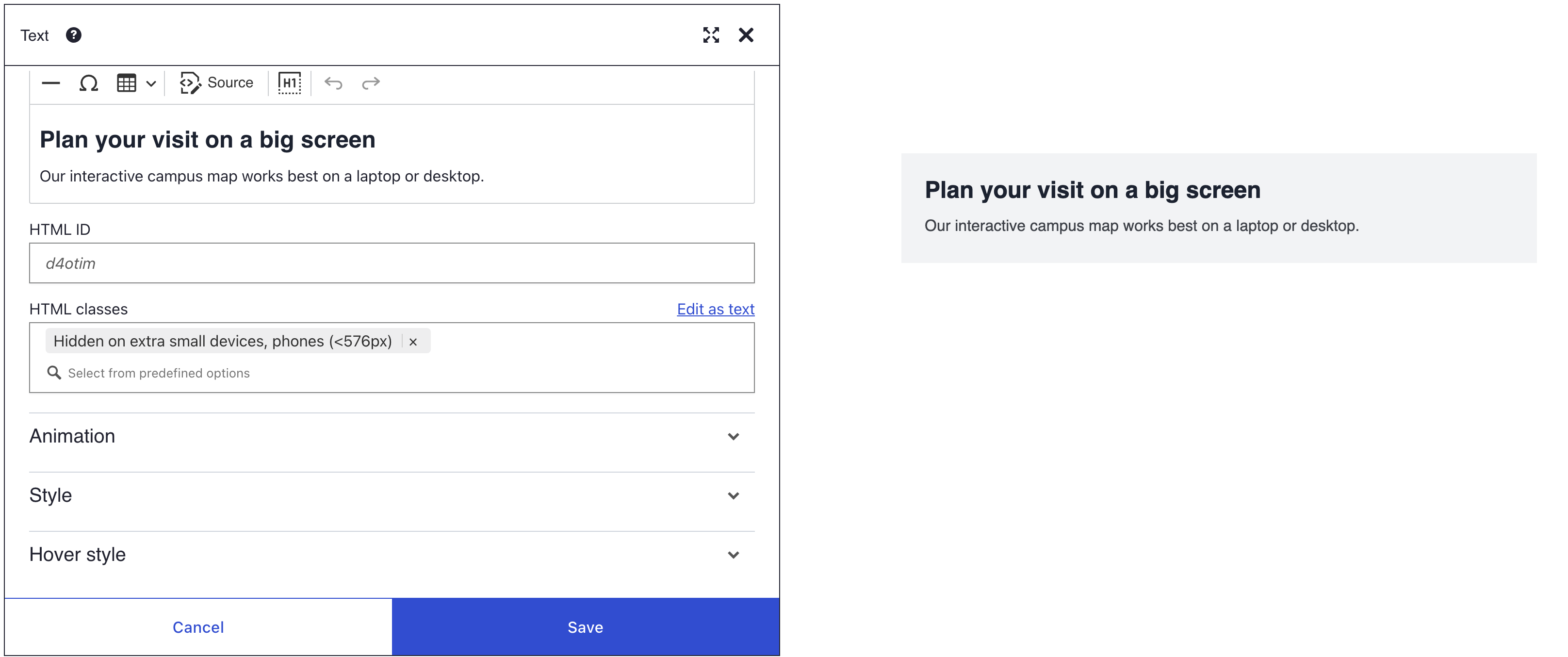 A Text element's HTML classes field with the chip Hidden on extra small devices, phones (<576px), beside the grey Plan your visit box, still shown at desktop width