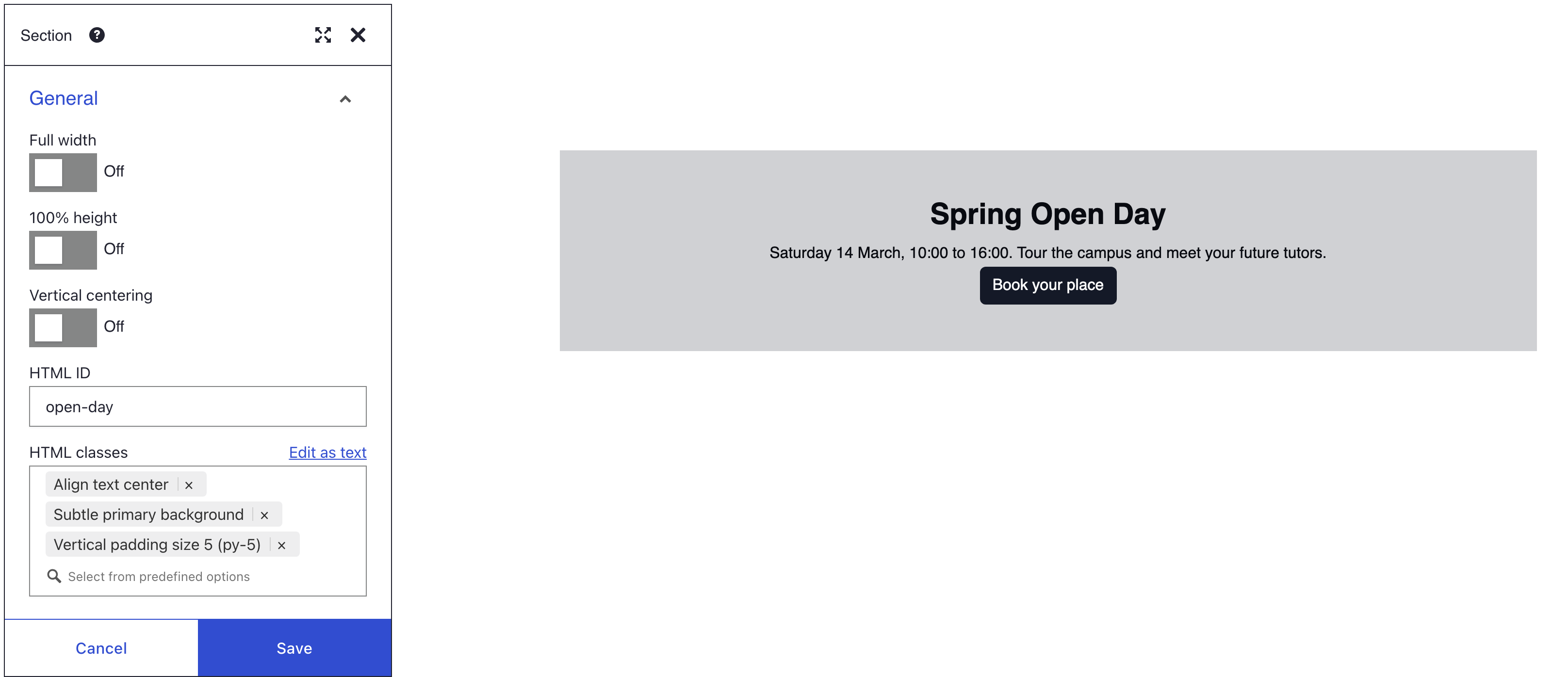 Section General panel with HTML ID open-day and three class chips, beside that section with a grey background and centred text