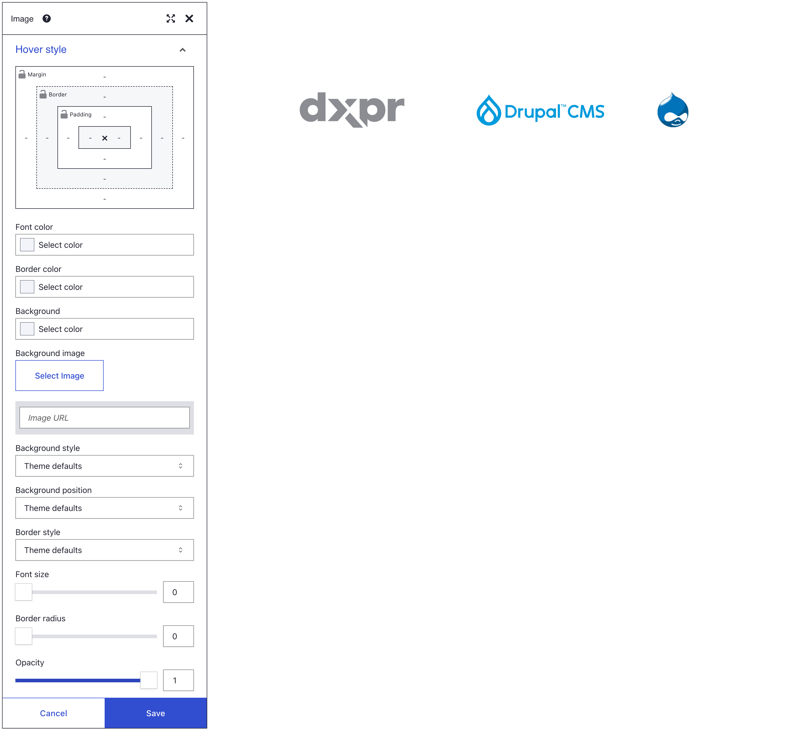 An Image element's Hover style panel with Opacity at 1, beside a row of partner logos where the DXPR logo is dimmed to grey and the Drupal CMS and Drupal logos stay at full strength