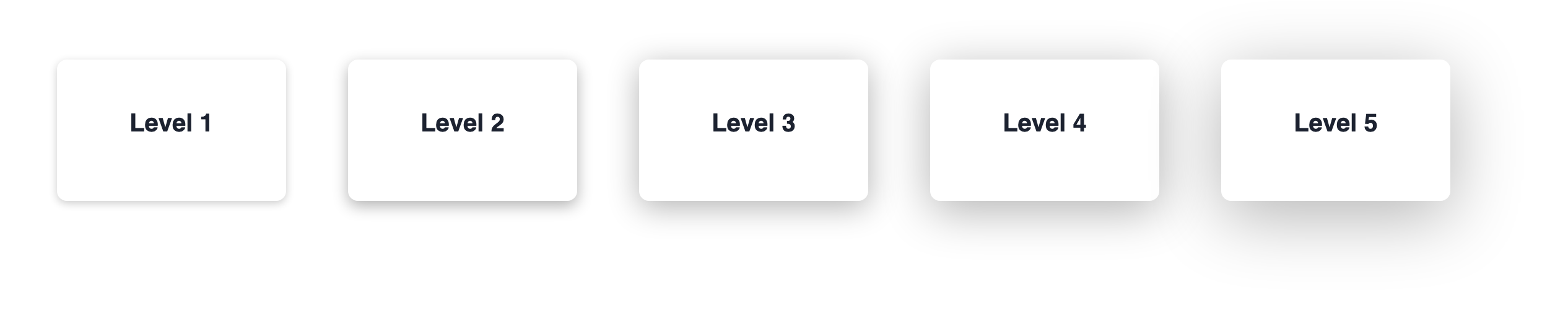 Five white cards labelled Level 1 to Level 5, each with a deeper and softer Drop shadow than the one before