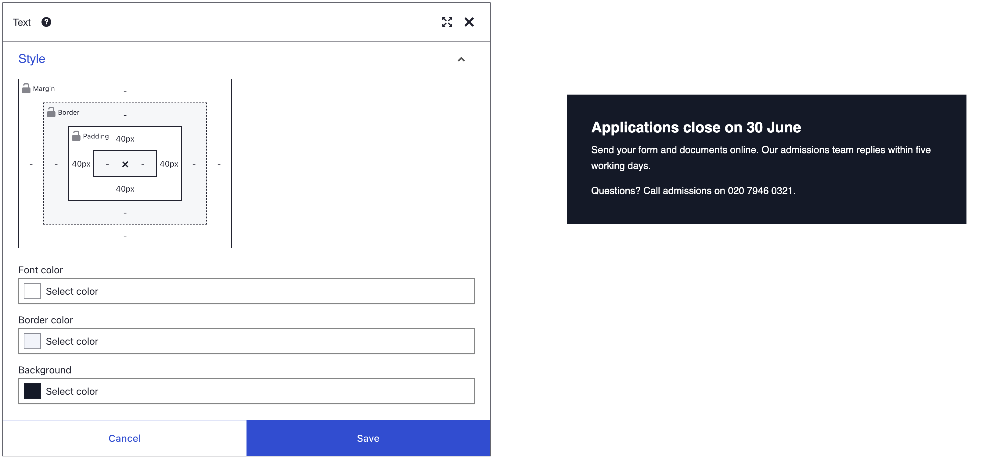 Text element Style panel with 40 px padding in the box model, white Font color and navy Background, beside the navy admissions callout with white text