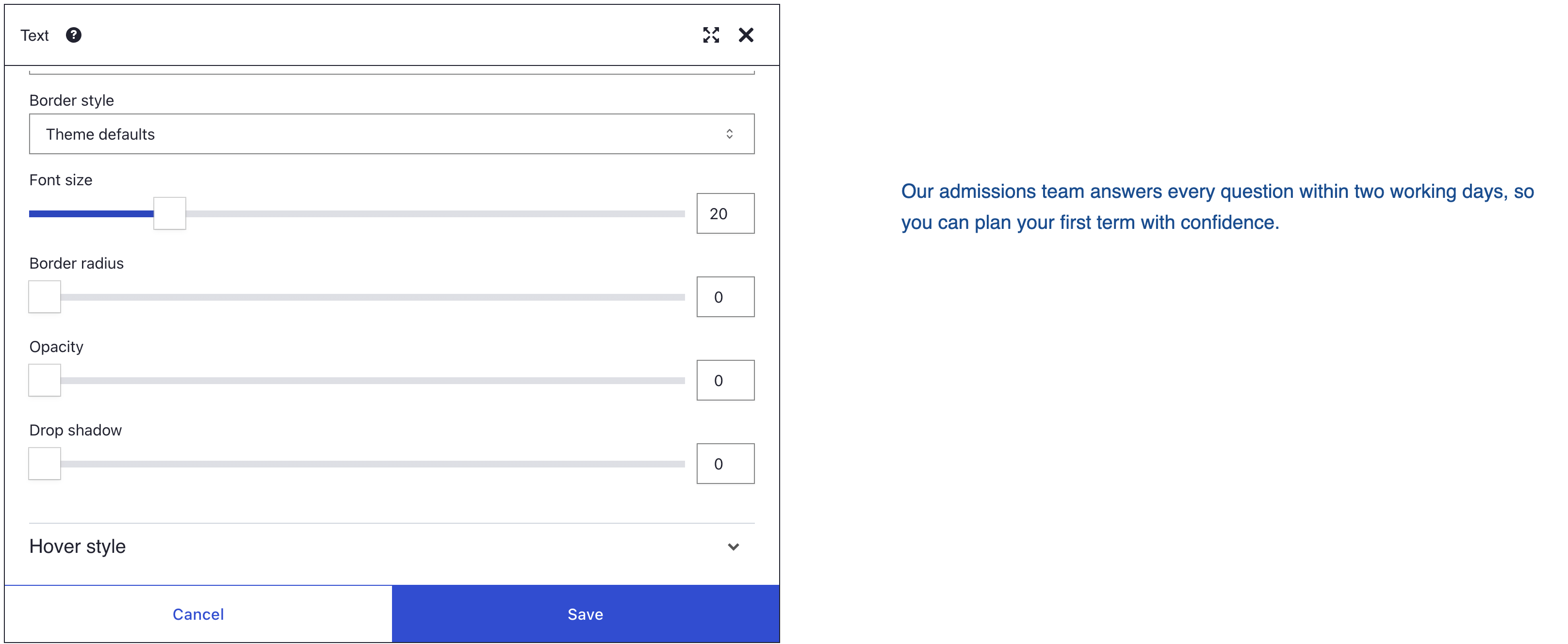 A Text element's Style panel with Font size 20, beside a lead sentence about the admissions team set in 20 px brand blue #1a4d8f