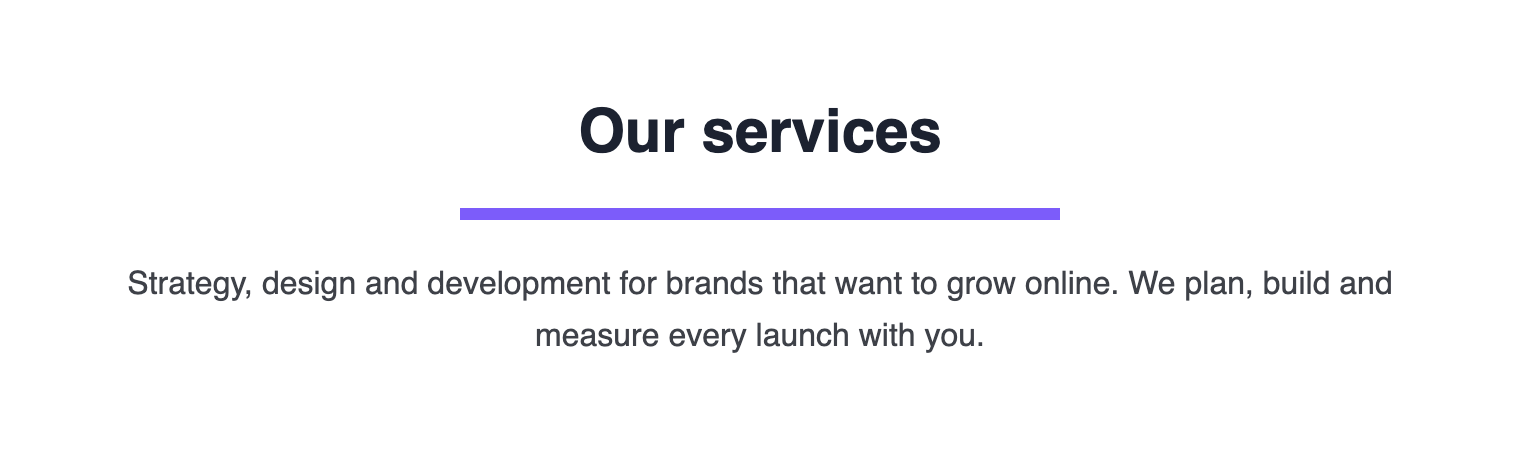 A centred purple divider, 6 px thick and 300 px long, between the heading Our services and its paragraph