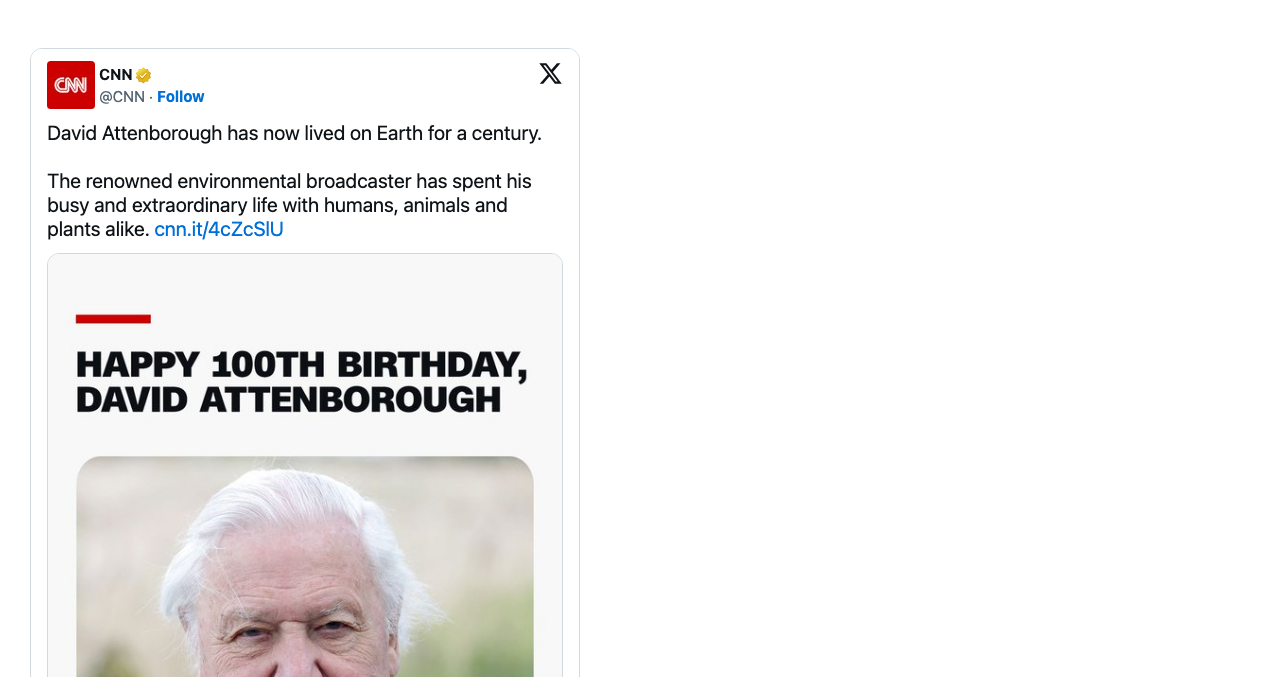 CNN article card reading "Happy 100th Birthday, David Attenborough" with a portrait photo, rendered on the page via the HTML element