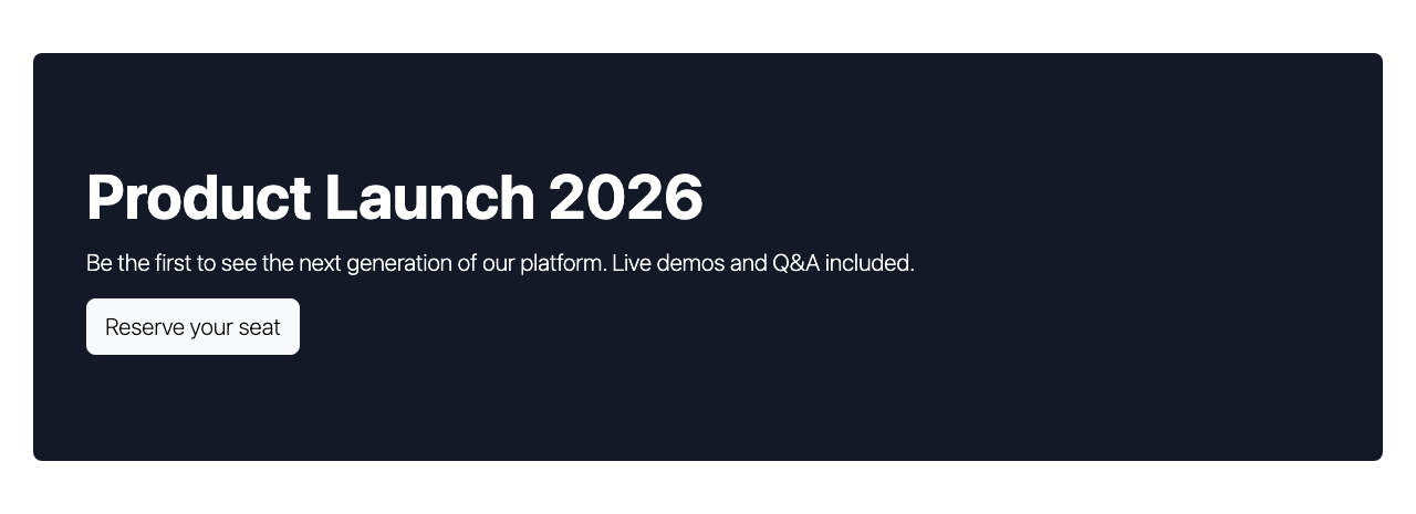 Dark primary jumbotron with Product Launch 2026 heading, lead text and a Reserve your seat button