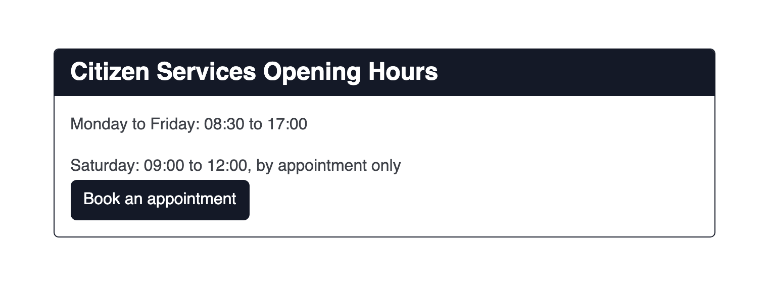 Primary panel with a dark title bar reading Citizen Services Opening Hours, two lines of opening hours and a Book an appointment button