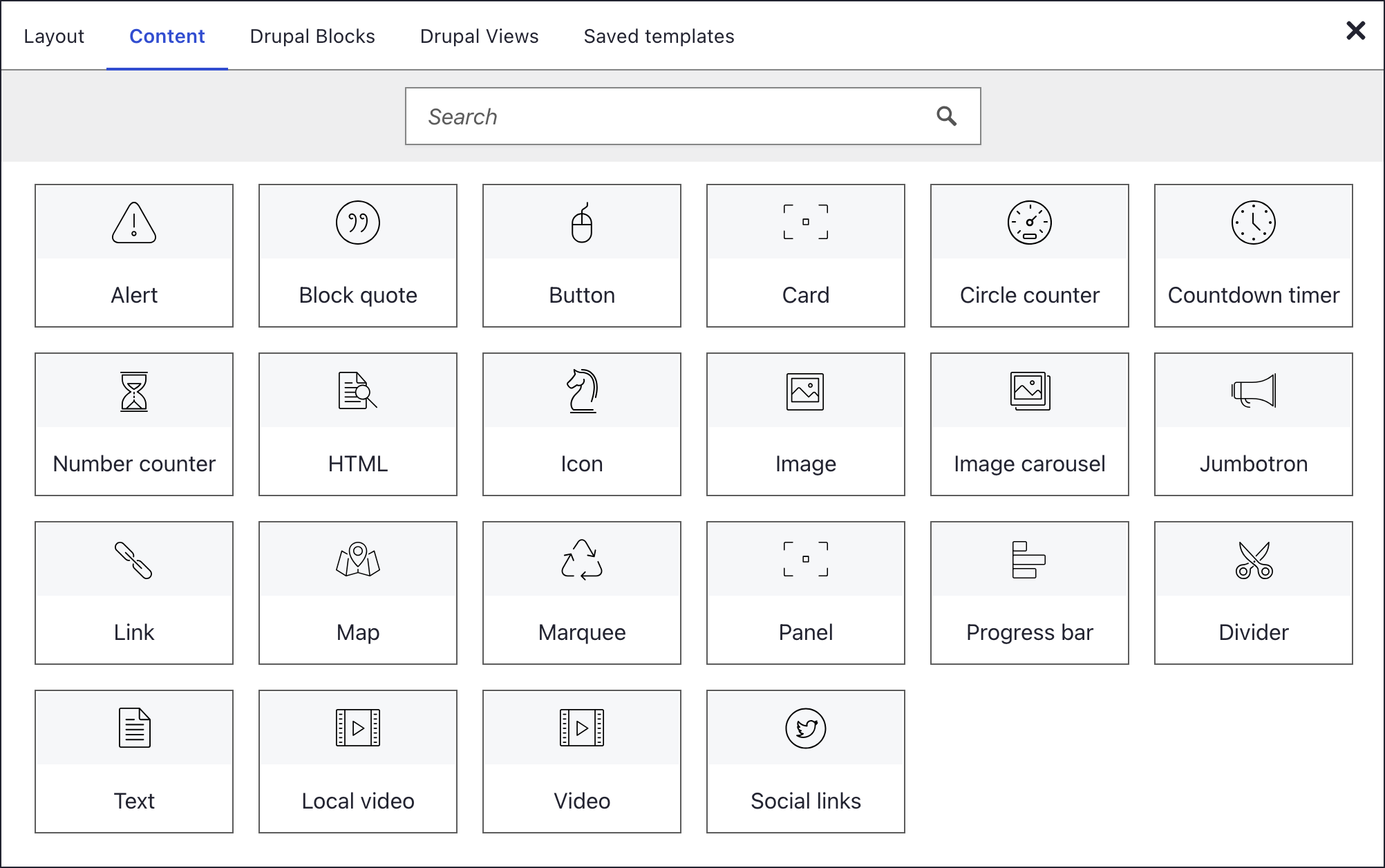 The element picker on its Content tab with a search box and all 22 content elements, from Alert to Social links