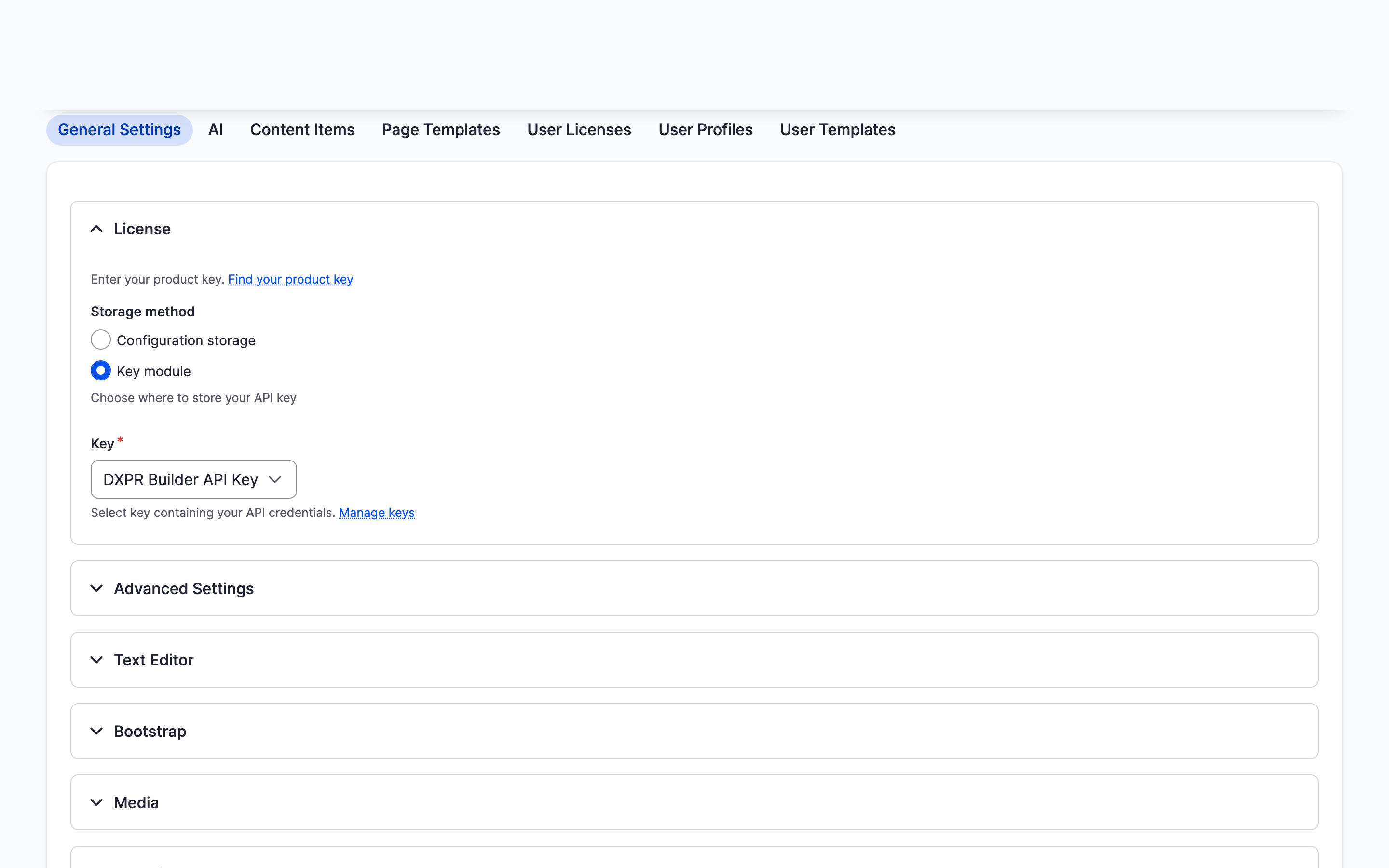 DXPR Builder General Settings page with product key configuration