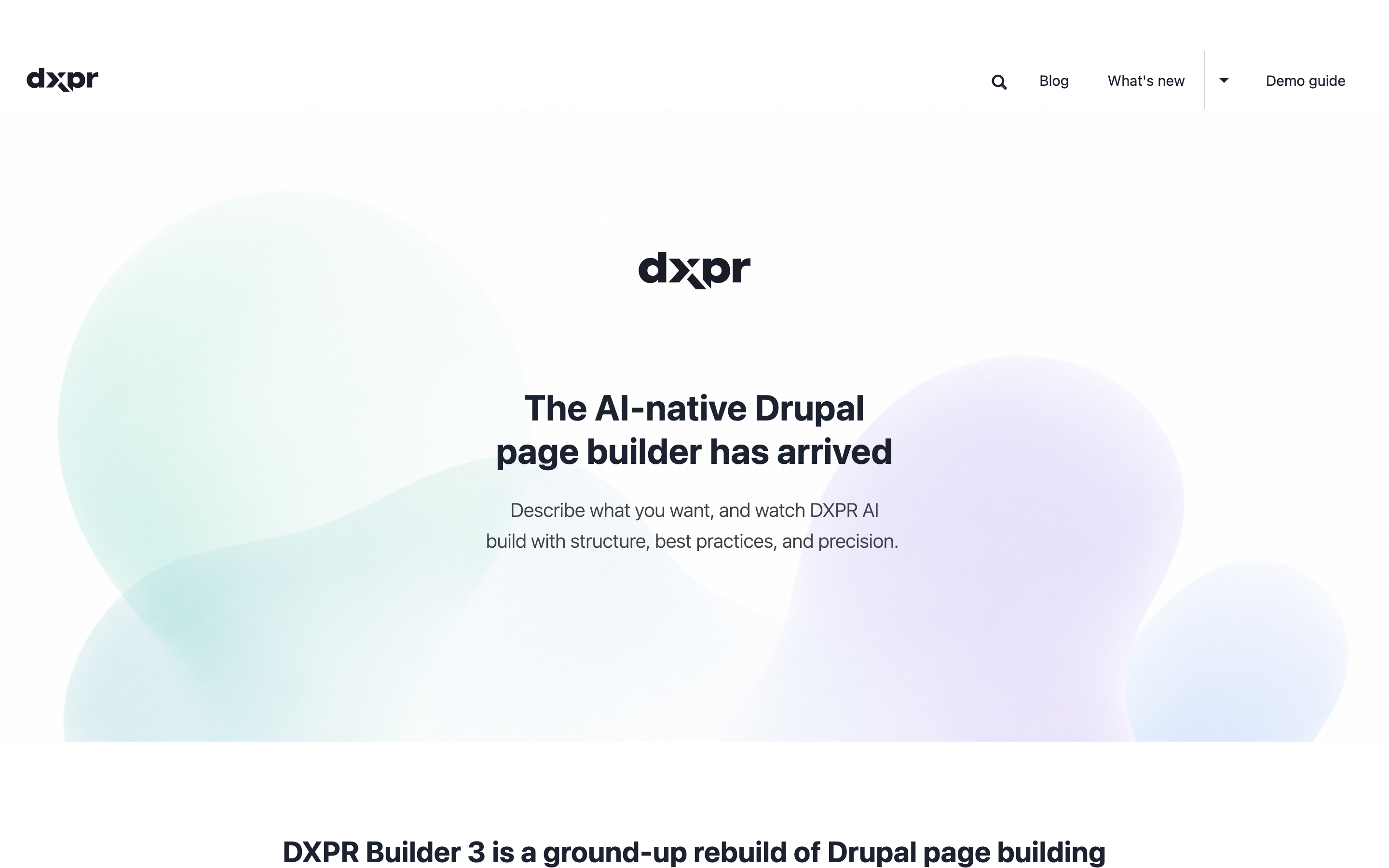 DXPR CMS front page showing the homepage layout