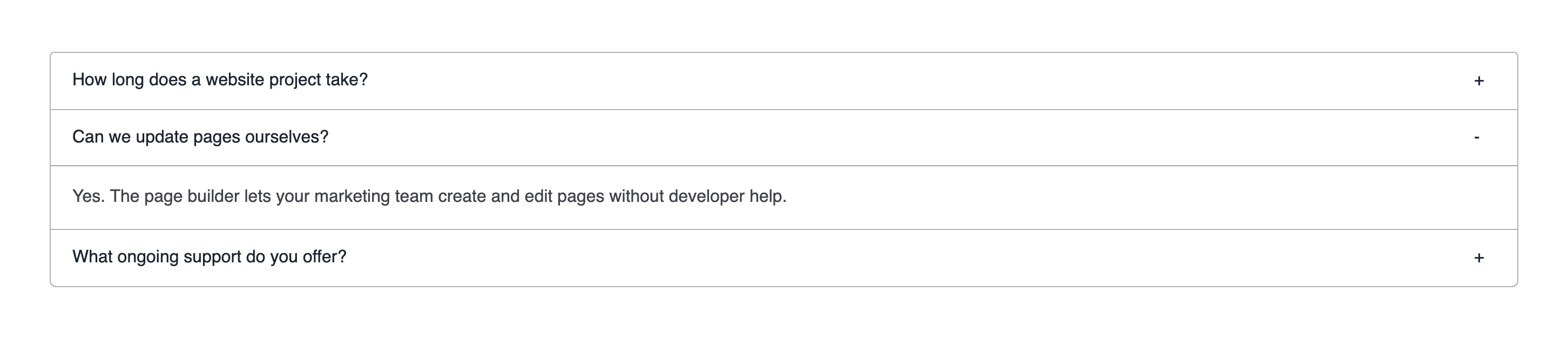 A collapse panel of three agency FAQ questions, with the answer to Can we update pages ourselves? open below it