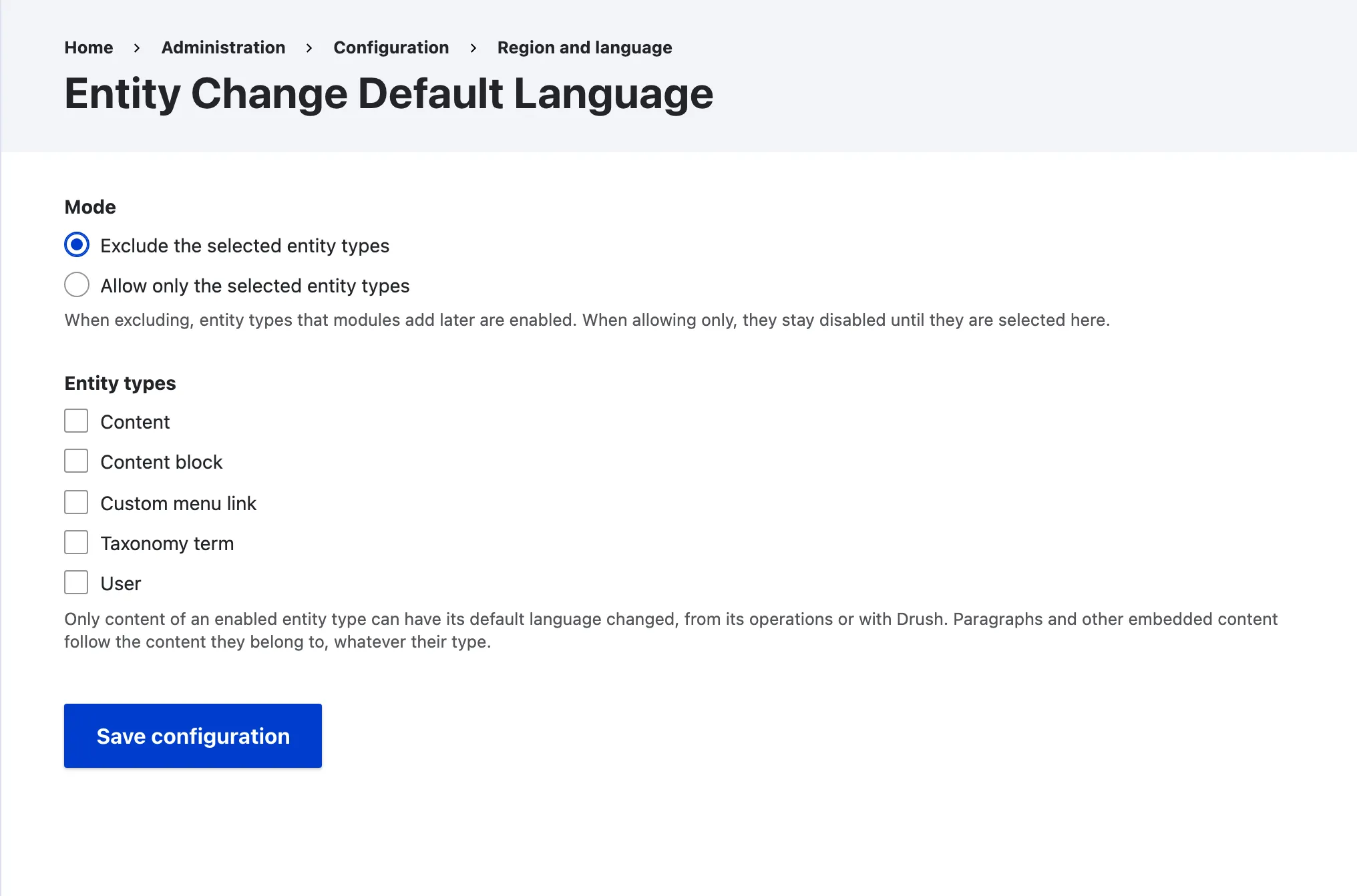 The settings form with the mode set to exclude and no entity type checked