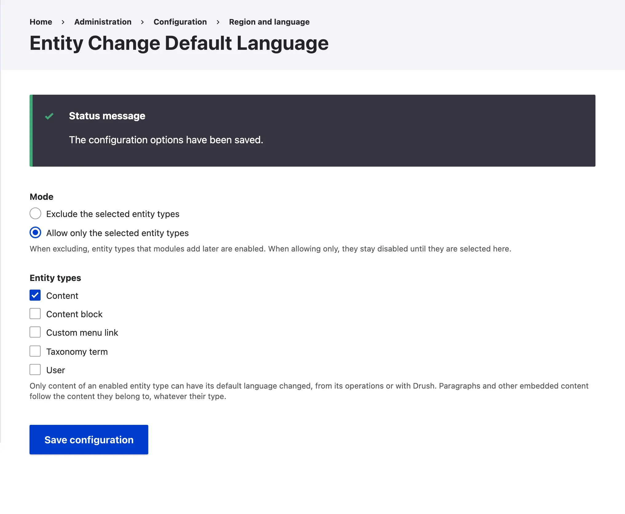 The settings form with the mode set to allow only and Content checked, after saving